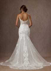 Azazie Camlynn Wedding Dress Diamond White Mermaid V-Neck Sequins Tulle Dress diamond_white