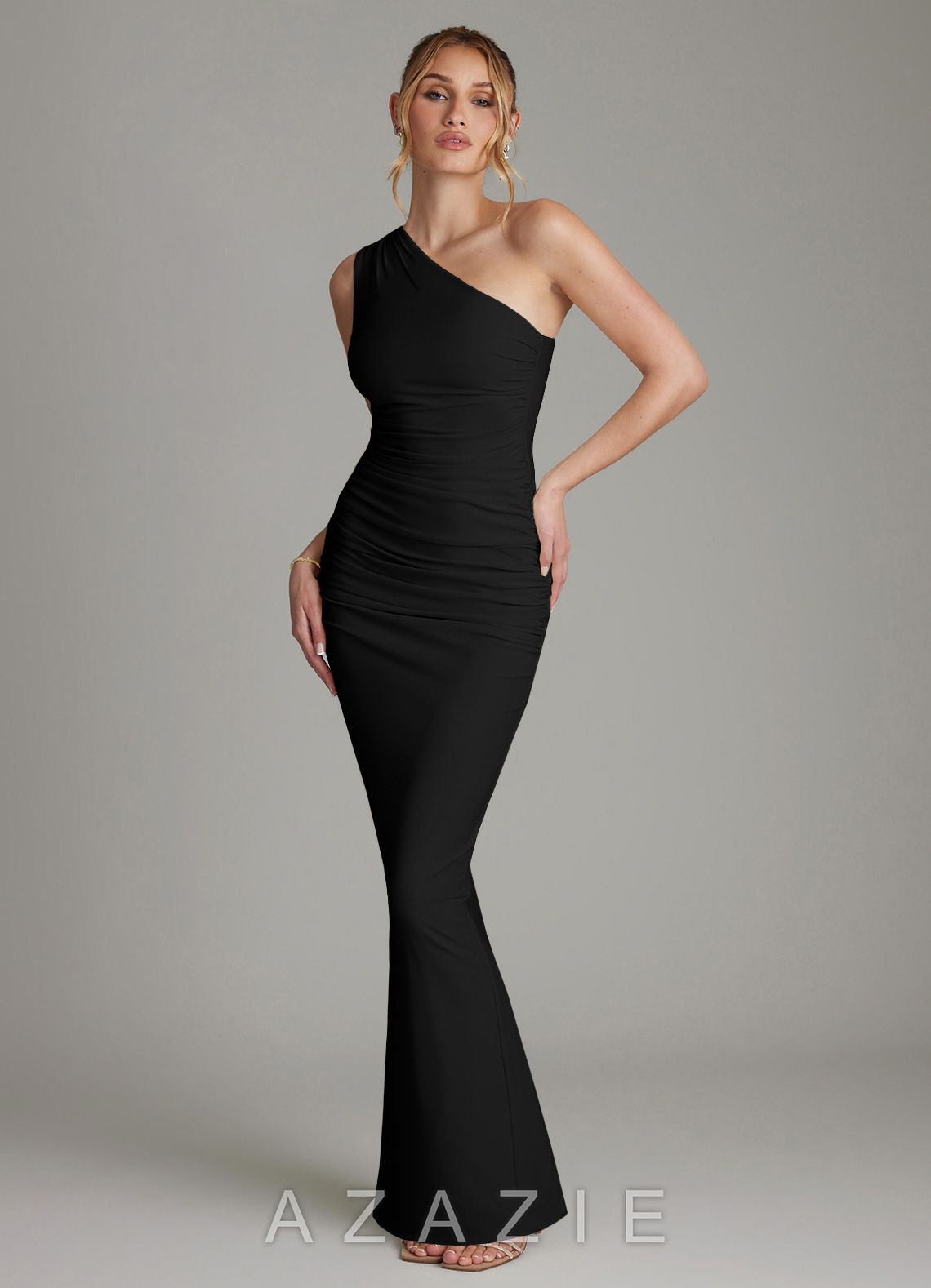 Azazie Shanice Black Sheath One Shoulder Premium Stretch Jersey Dress
