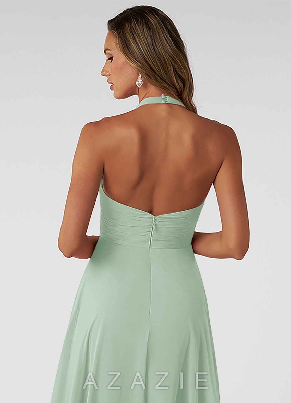 Azazie Tessie Agave A-Line Pleated Chiffon Dress agave