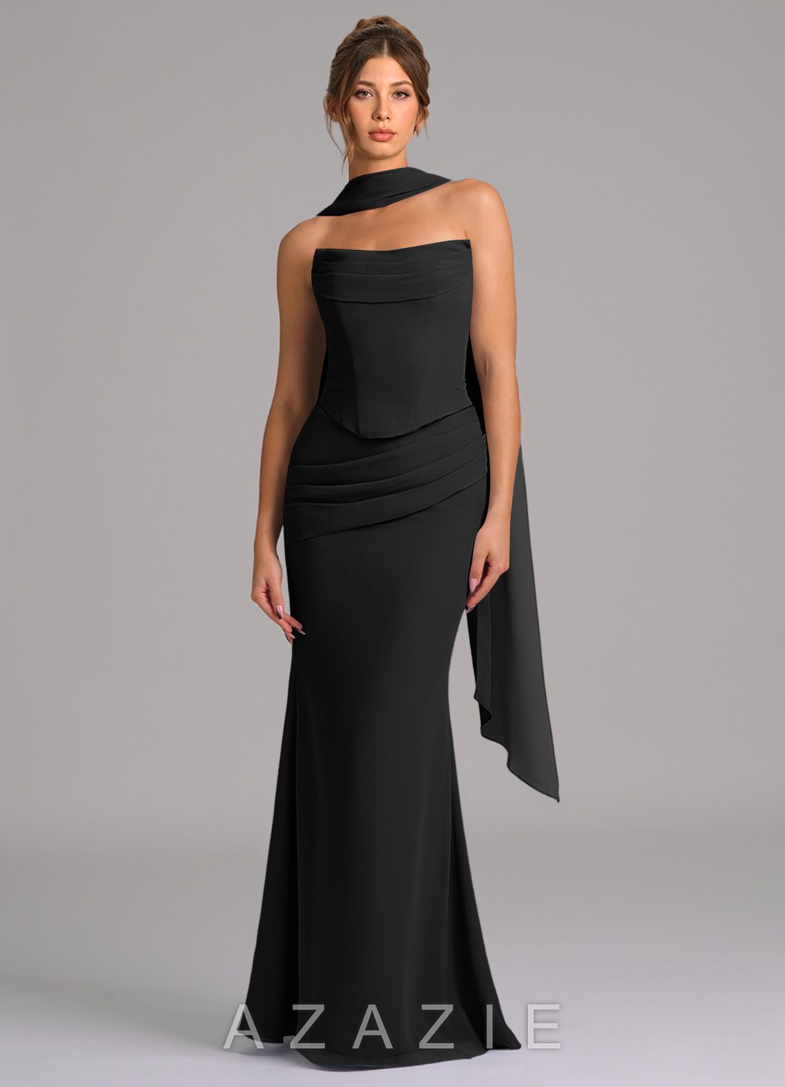 Azazie Sorrel Black Mermaid Corset Chiffon Dress black