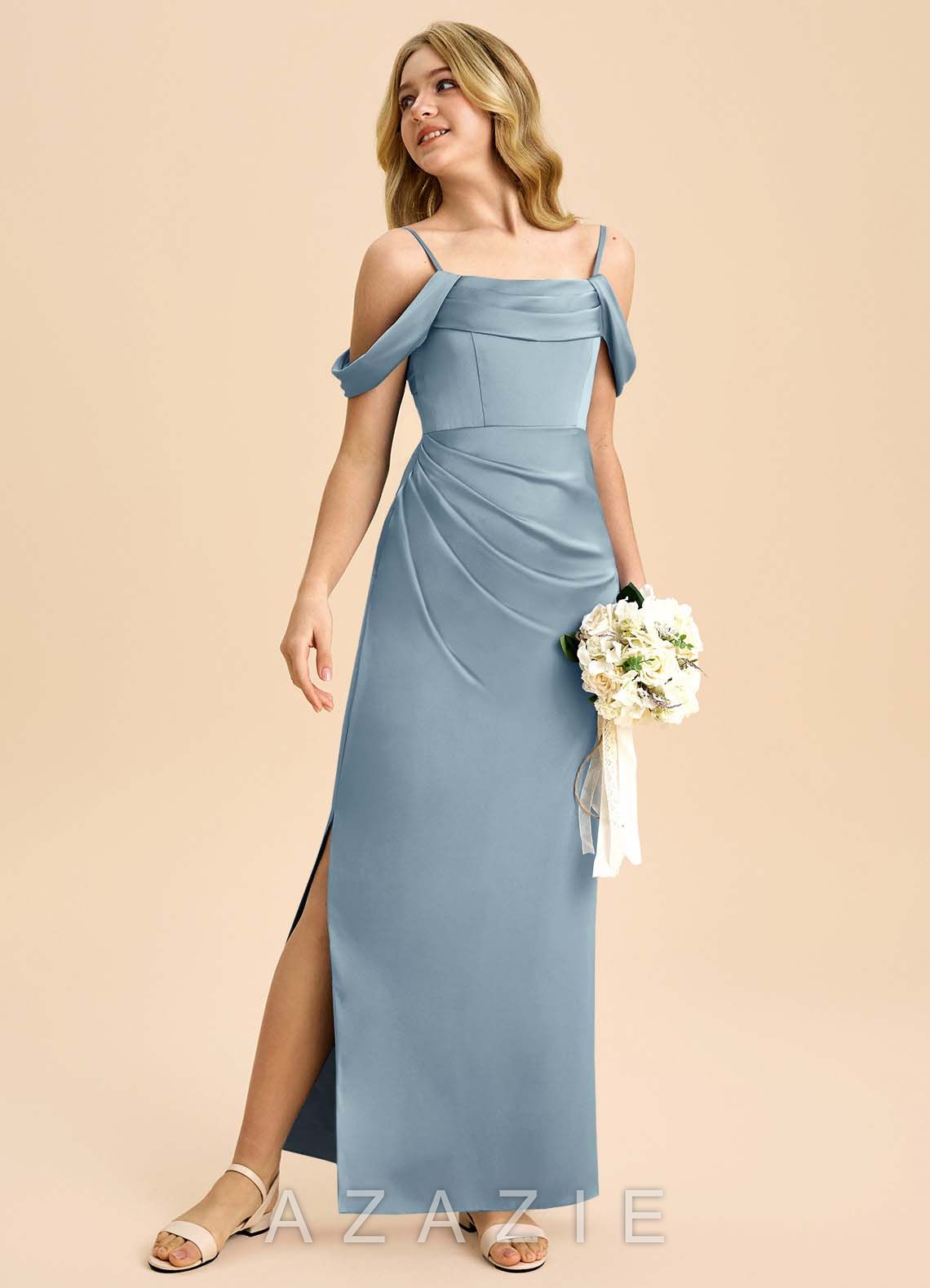 Azazie Saige Junior Dusty Blue Sheath Off the Shoulder Stretch Satin Dress dusty_blue