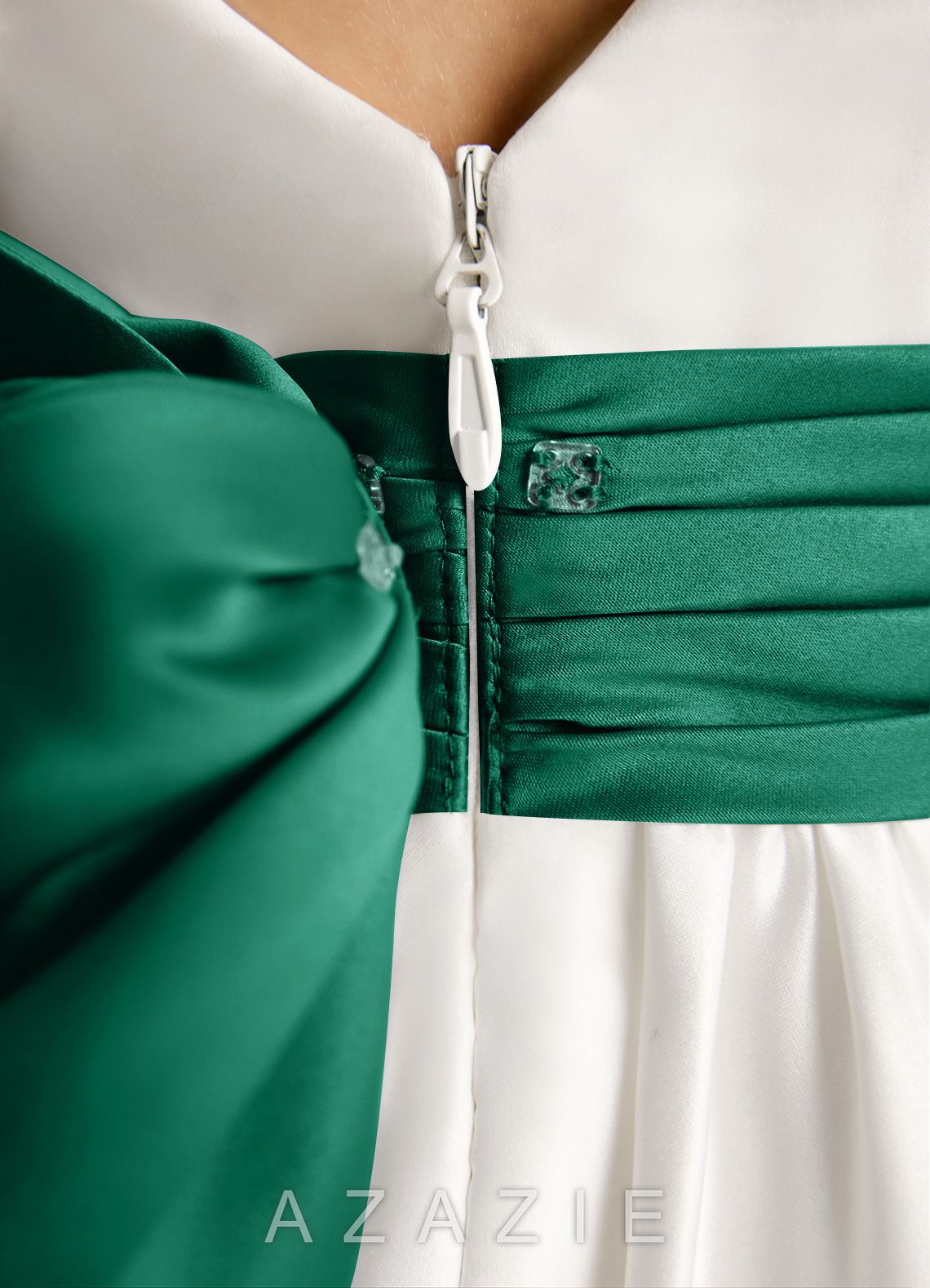 Azazie Sosie Ivory Emerald A-Line Pleated Matte Satin Dress ivory/emerald