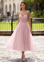 Zosia Blushing Pink Lace A-line Lace Up Back Midi Dress