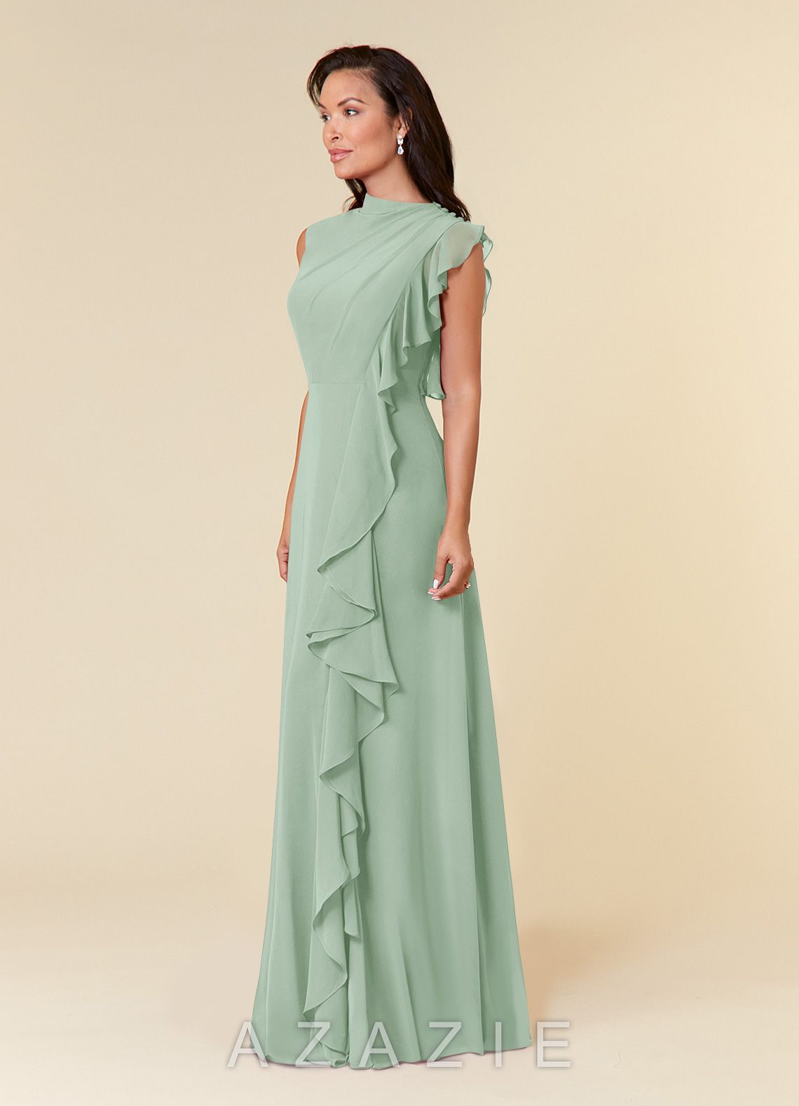 Azazie Narine Agave A-Line High Neckline Pleated Chiffon Dress agave