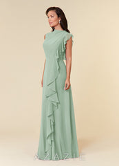 Azazie Narine Agave A-Line High Neckline Pleated Chiffon Dress agave