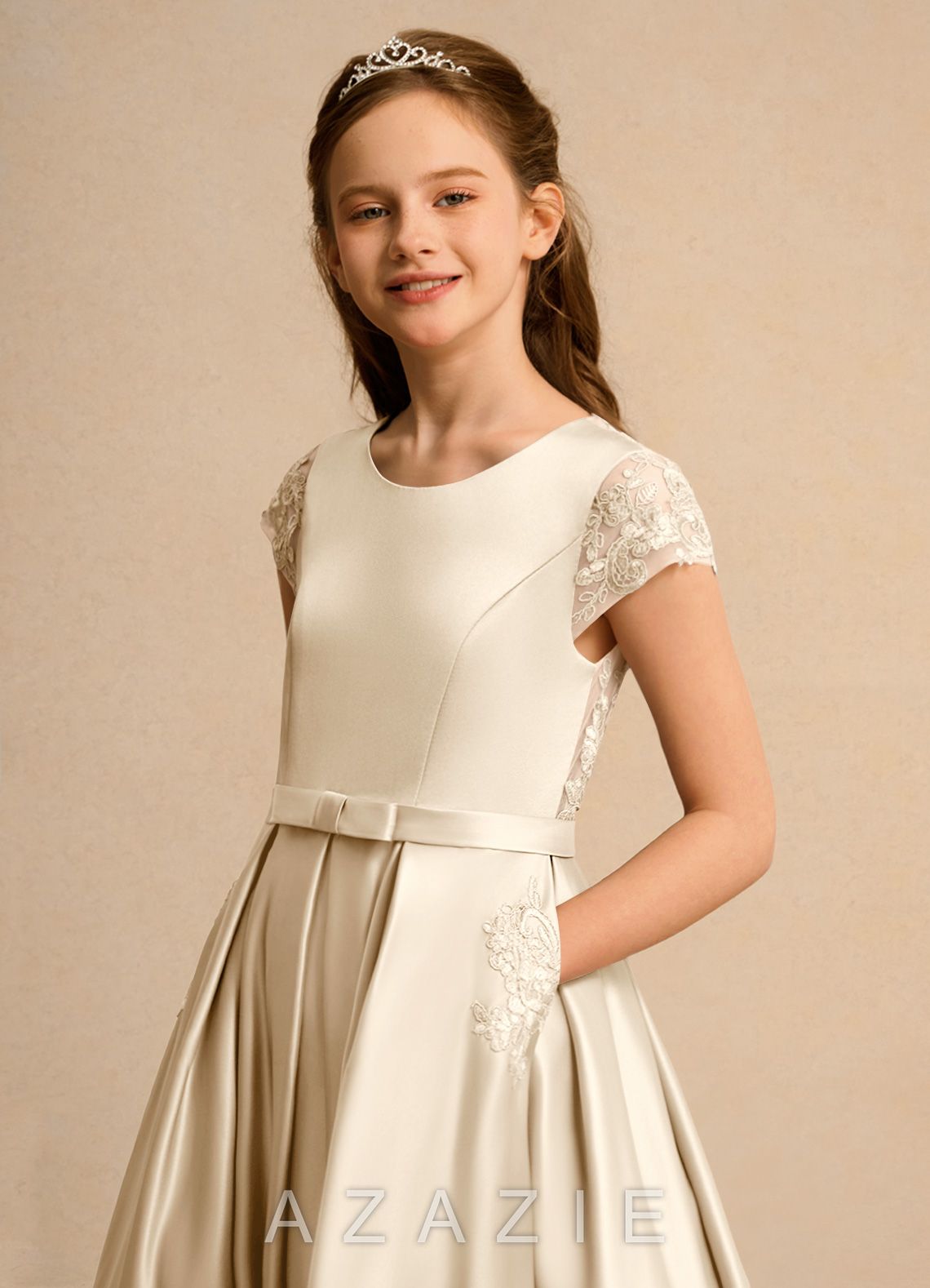 Azazie Bunny Girls Formal Champagne Ball-Gown Lace Dress champagne