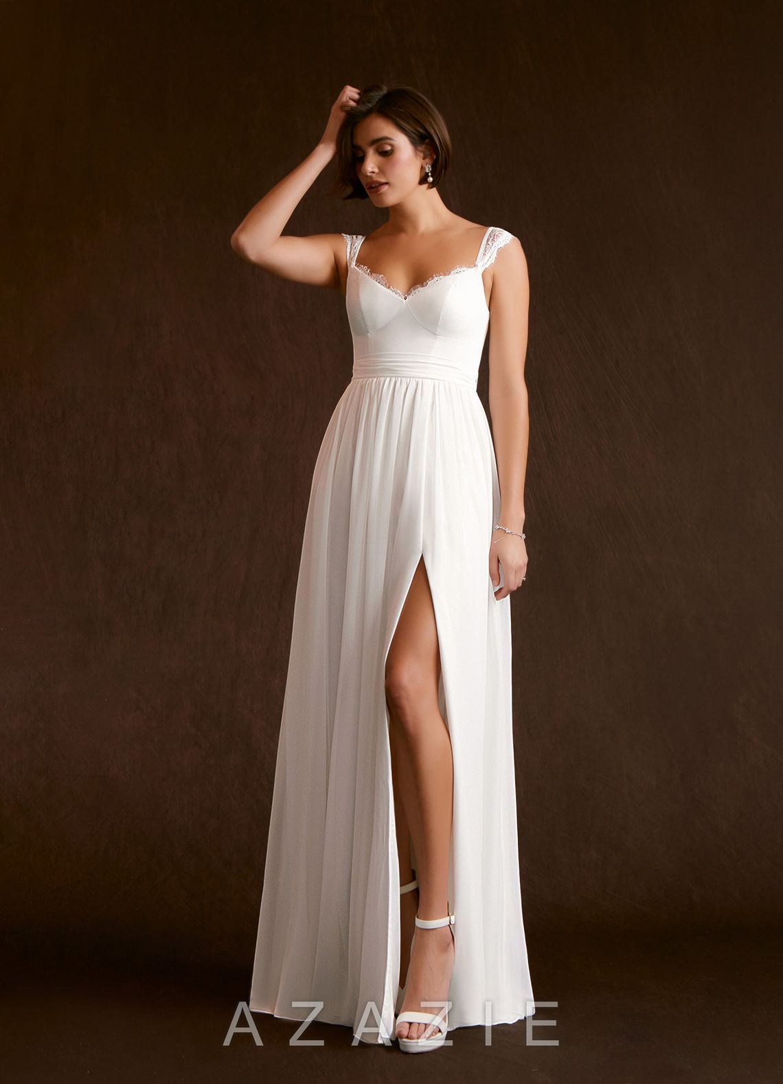 Azazie Aubriella Wedding Dress Diamond White A-Line Lace Chiffon Dress diamond_white