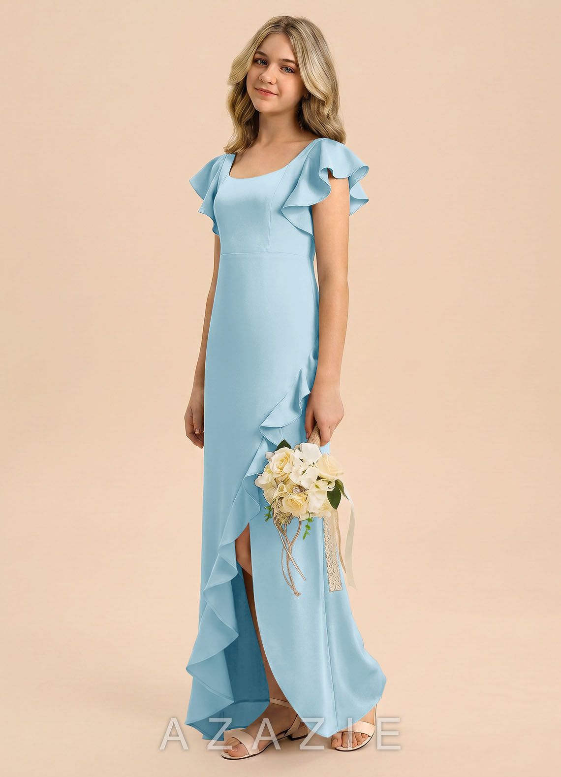 Azazie Demi Junior Sky Blue Mermaid Bow Stretch Satin Dress sky_blue