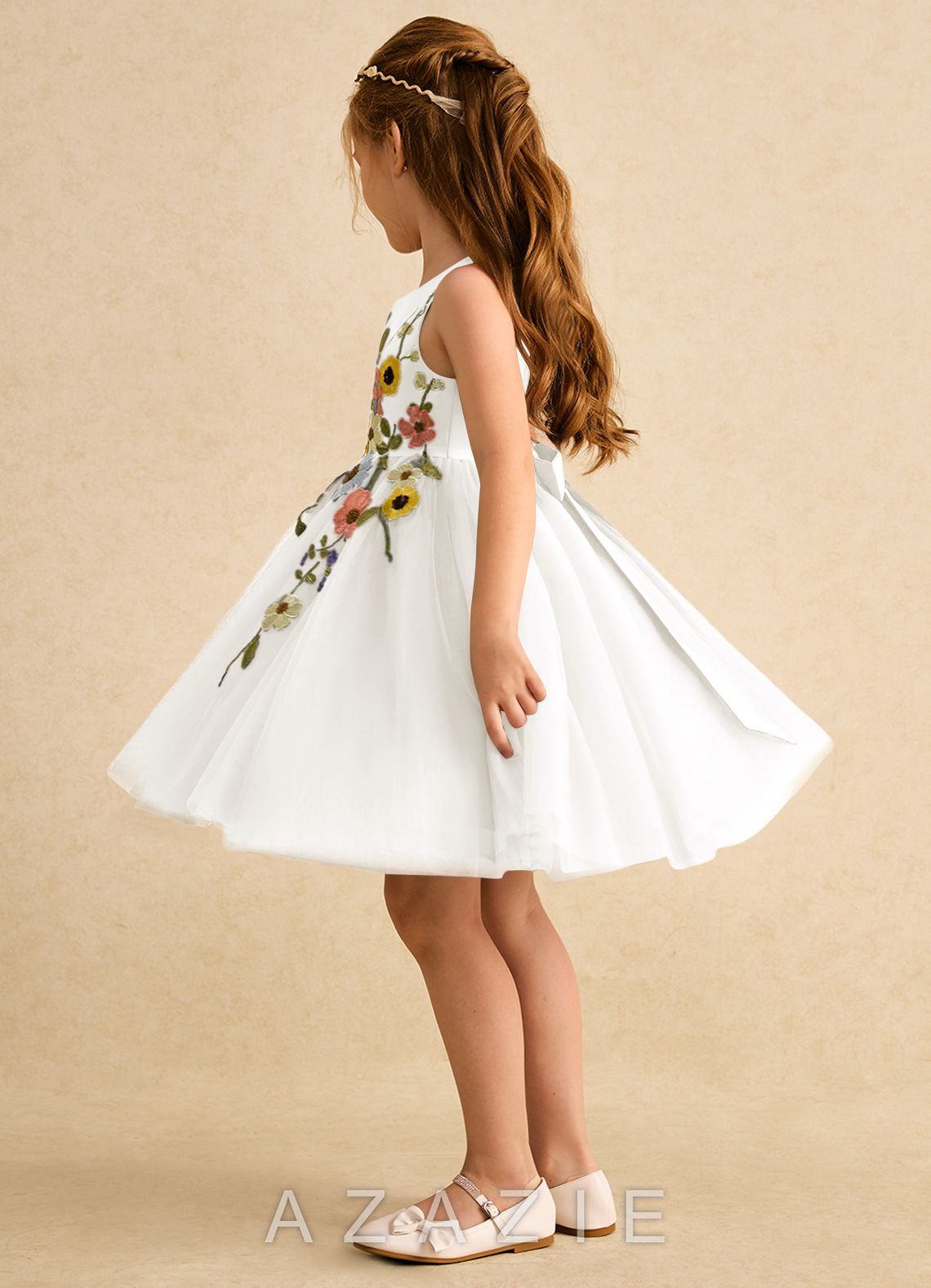 Azazie Prima Ivory A-Line Bow Tulle Dress ivory