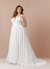 Azazie Devi Wedding Dress Diamond White A-Line V-Neck Lace Tulle Dress diamond_white