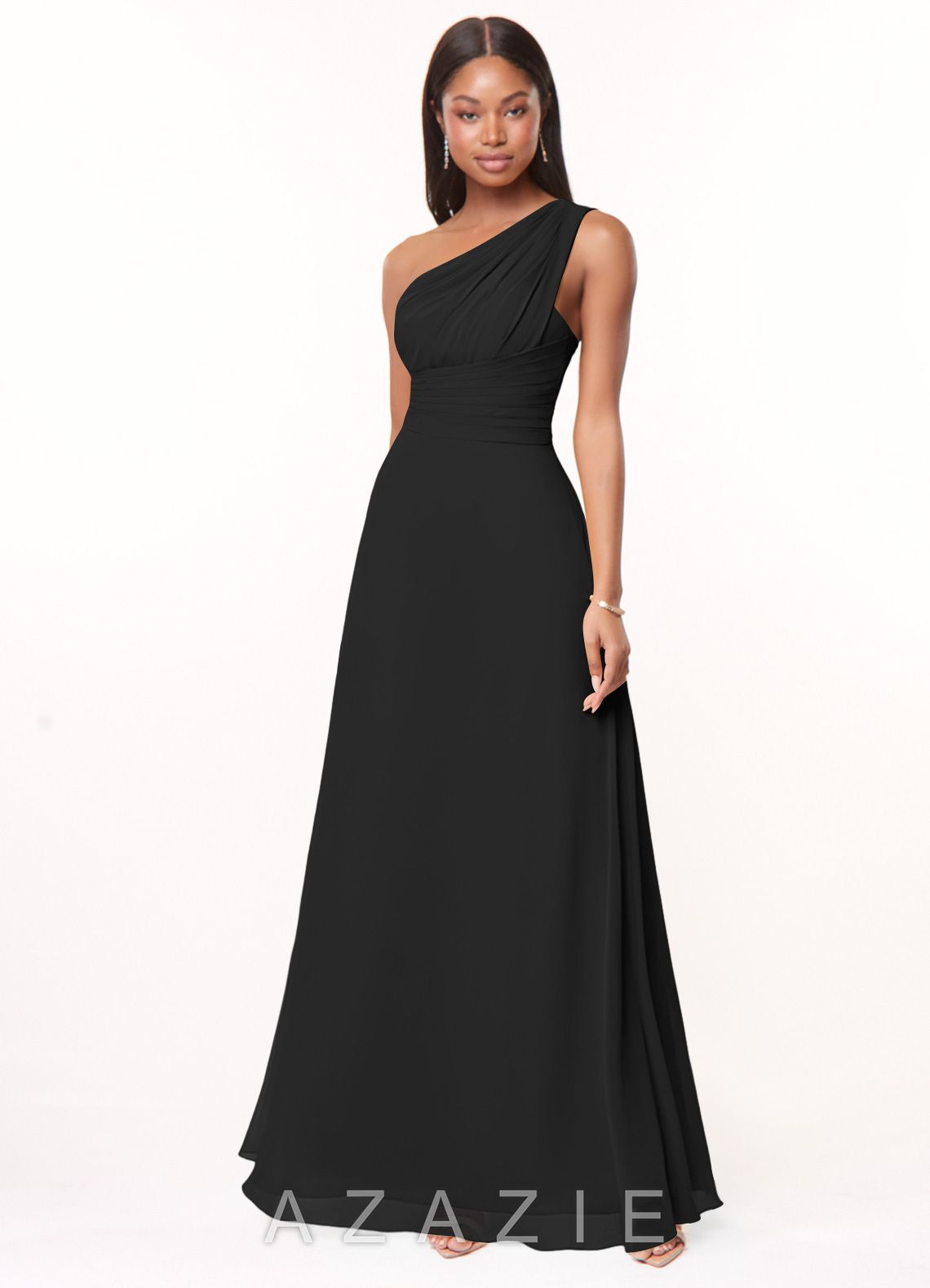 Azazie Ashley Black A-Line Ruched Chiffon Dress