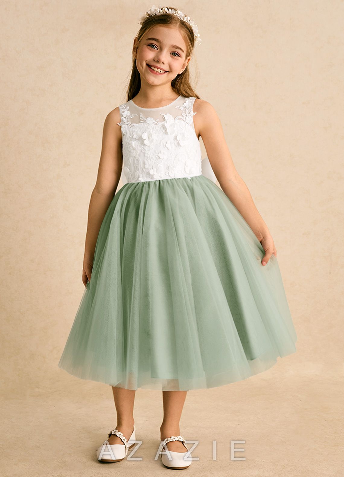 Azazie Lina Ivory Dusty Sage Ball-Gown Lace Dress ivory/dusty_sage