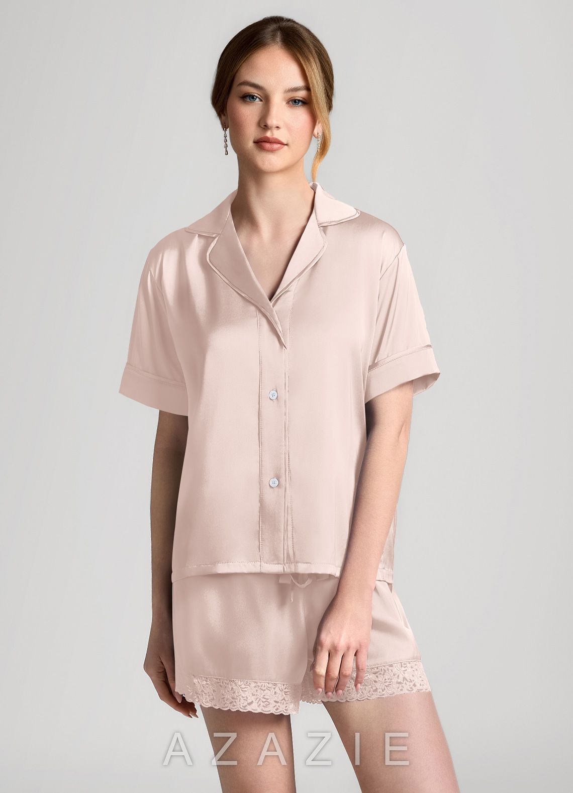 Satin Lace Trim Short Sleeve Pajama Set