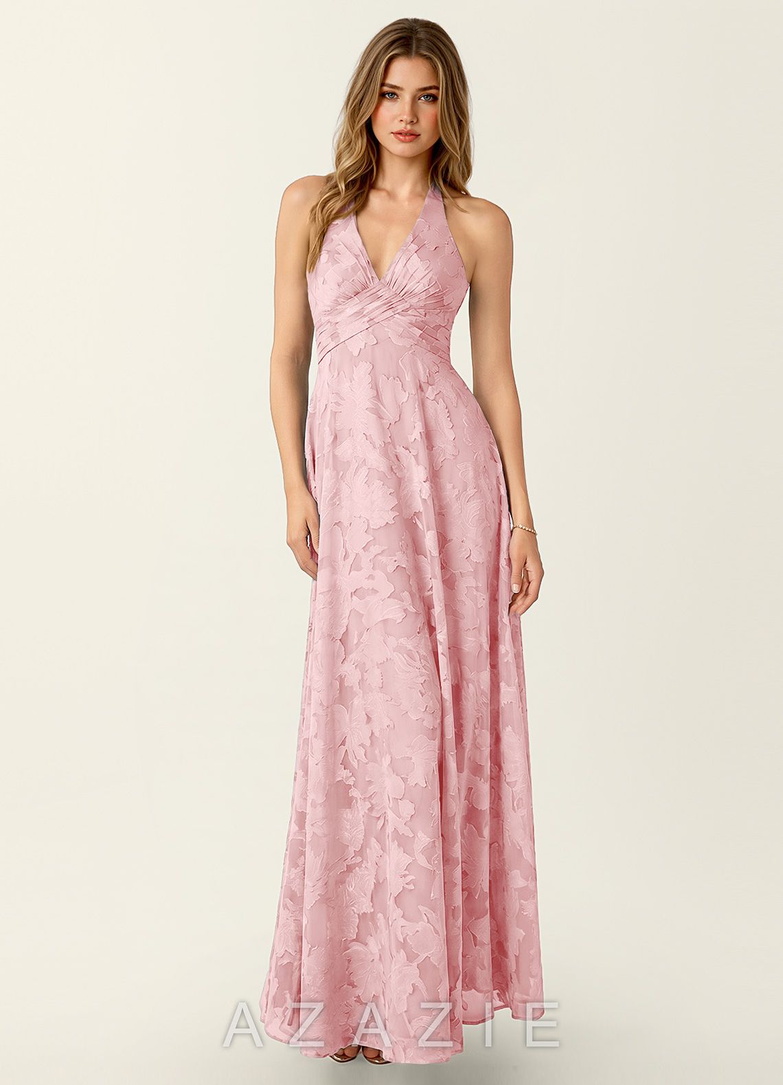 Celeste Coral Pink Lace V-neck A-Line Maxi Dress