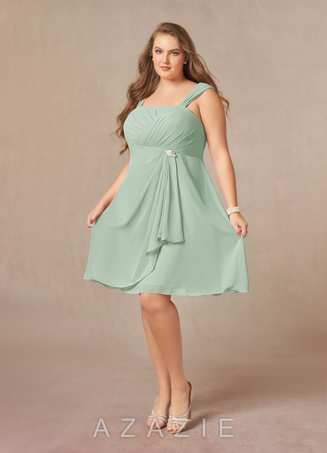 Azazie Olivia Agave A-Line Square Neckline Pleated Chiffon Dress agave