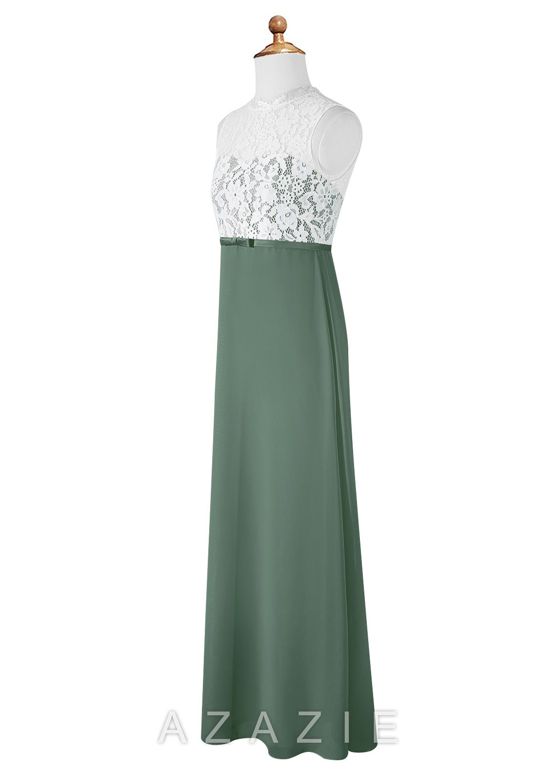 Azazie Rana Junior Eucalyptus A-Line Lace Chiffon Dress eucalyptus