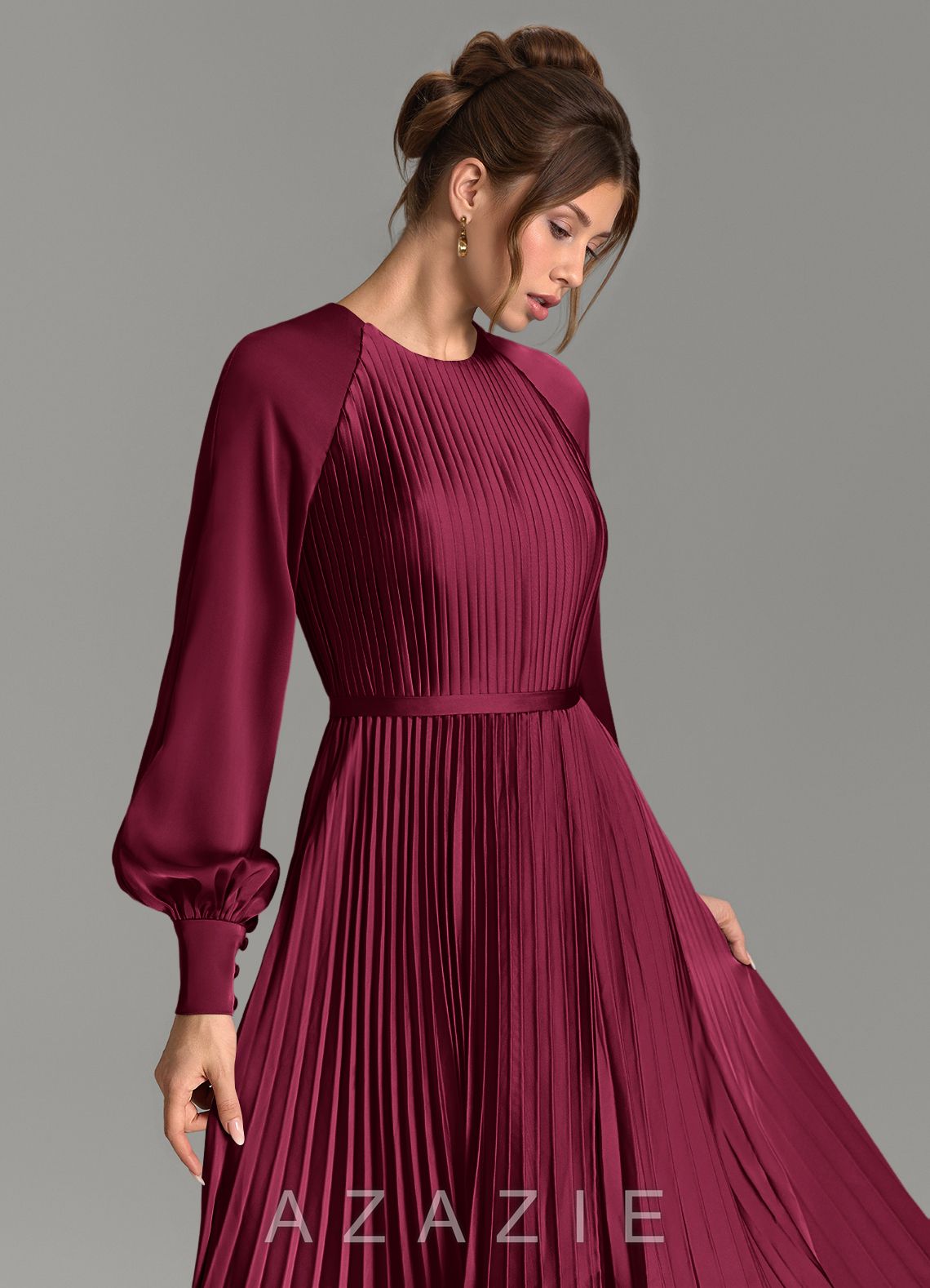 Azazie Grayson Burgundy A-Line Long Sleeve Stretch Satin Dress burgundy