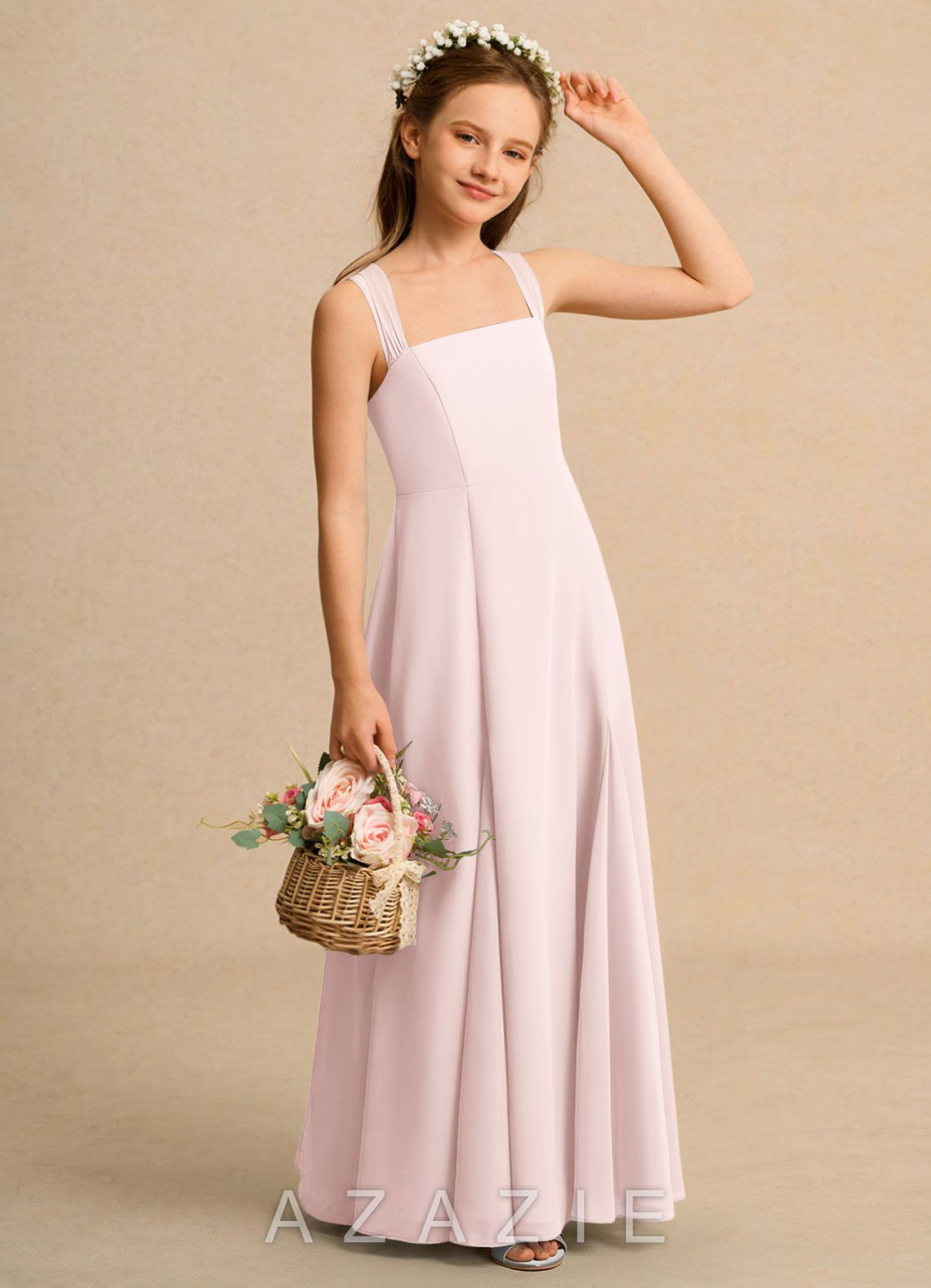 Azazie Tater Girls Formal Blushing Pink A-Line Pleated Chiffon Dress blushing_pink