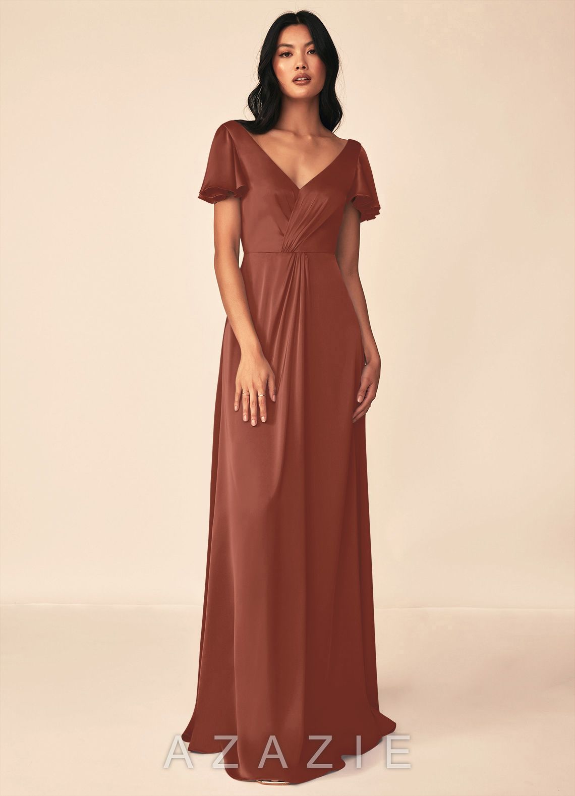 Azazie Soren Auburn A-Line Pleated Stretch Satin Dress