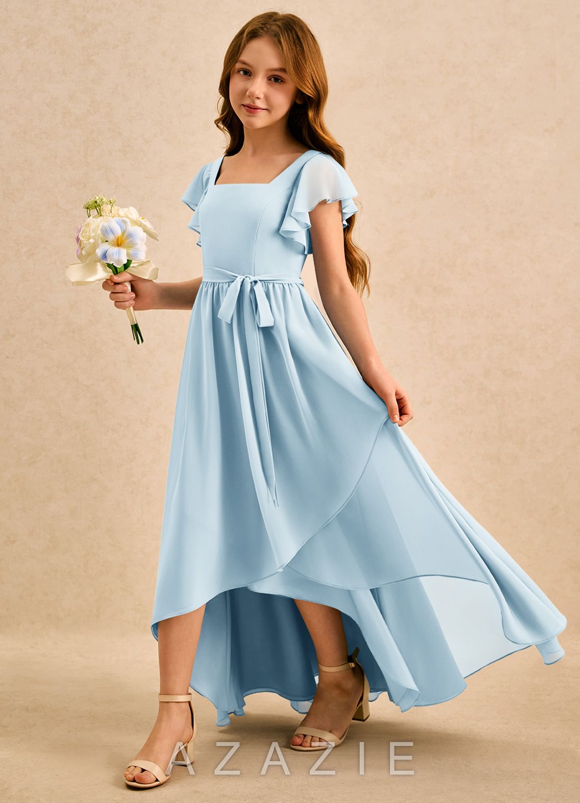 Azazie Milly Girls Formal Sky Blue A-Line Pleated Chiffon Dress sky_blue