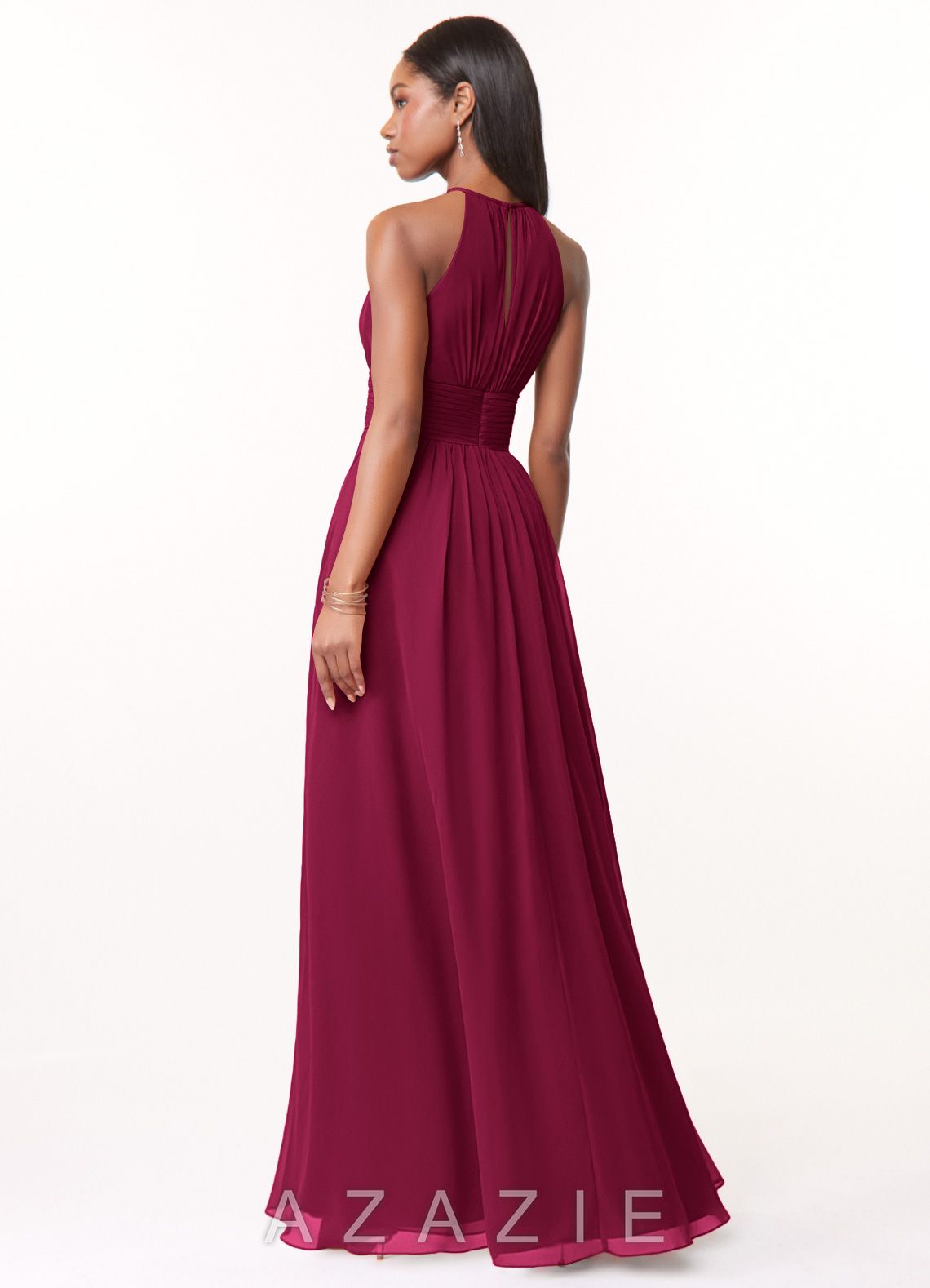 Azazie Bonnie Burgundy A-Line Keyhole Ruched Chiffon Dress burgundy