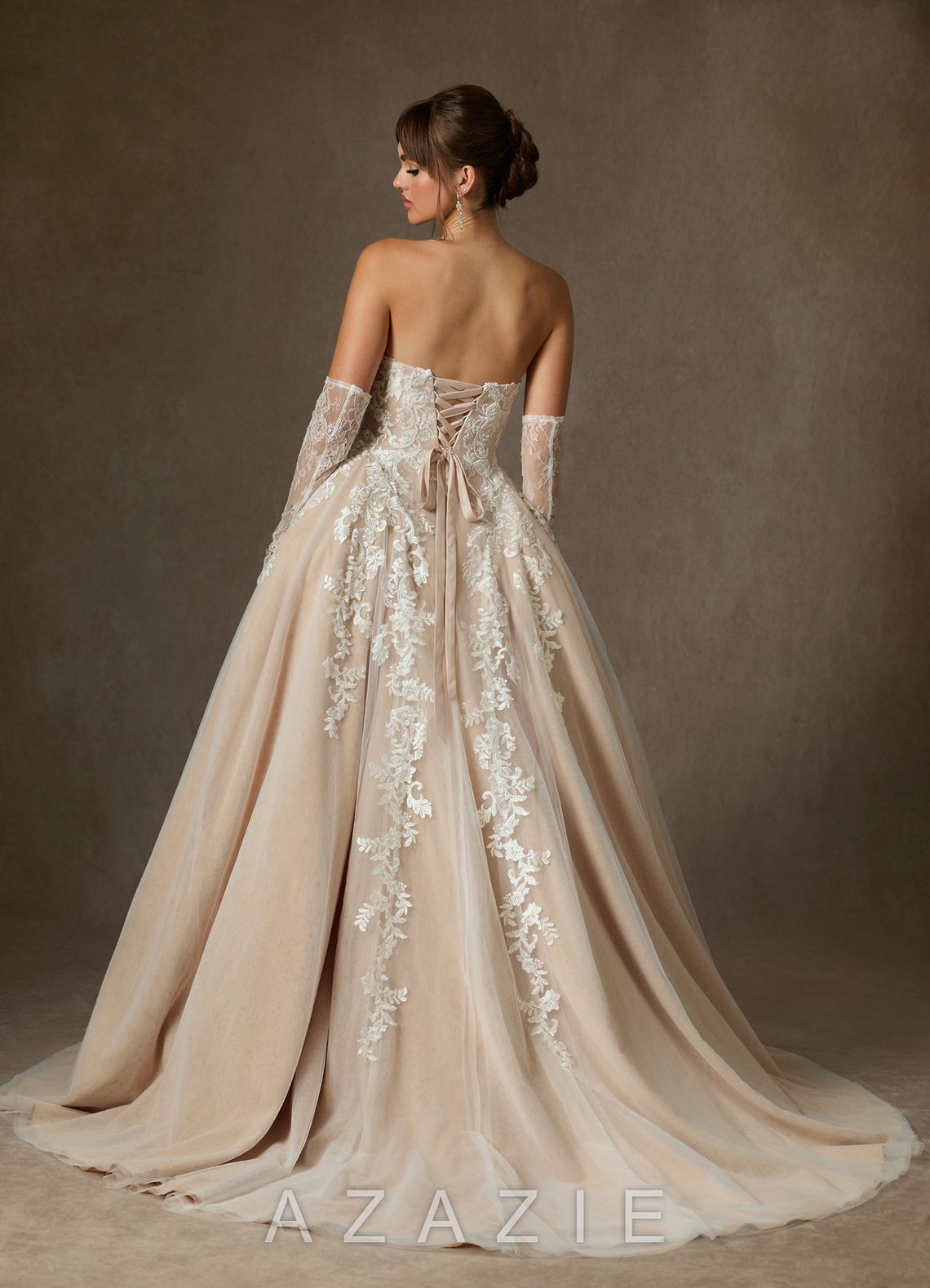 Azazie Sonnet Diamond White Champagne Ball-Gown Strapless Lace Dress