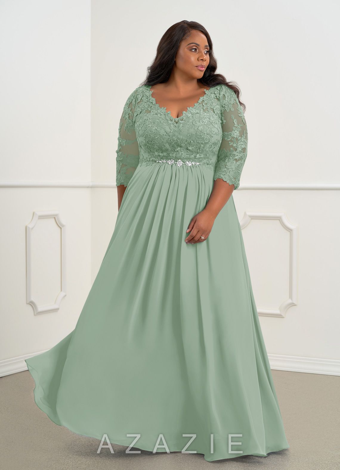 Azazie Hayek Agave A-Line V-Neck Lace Chiffon Dress agave