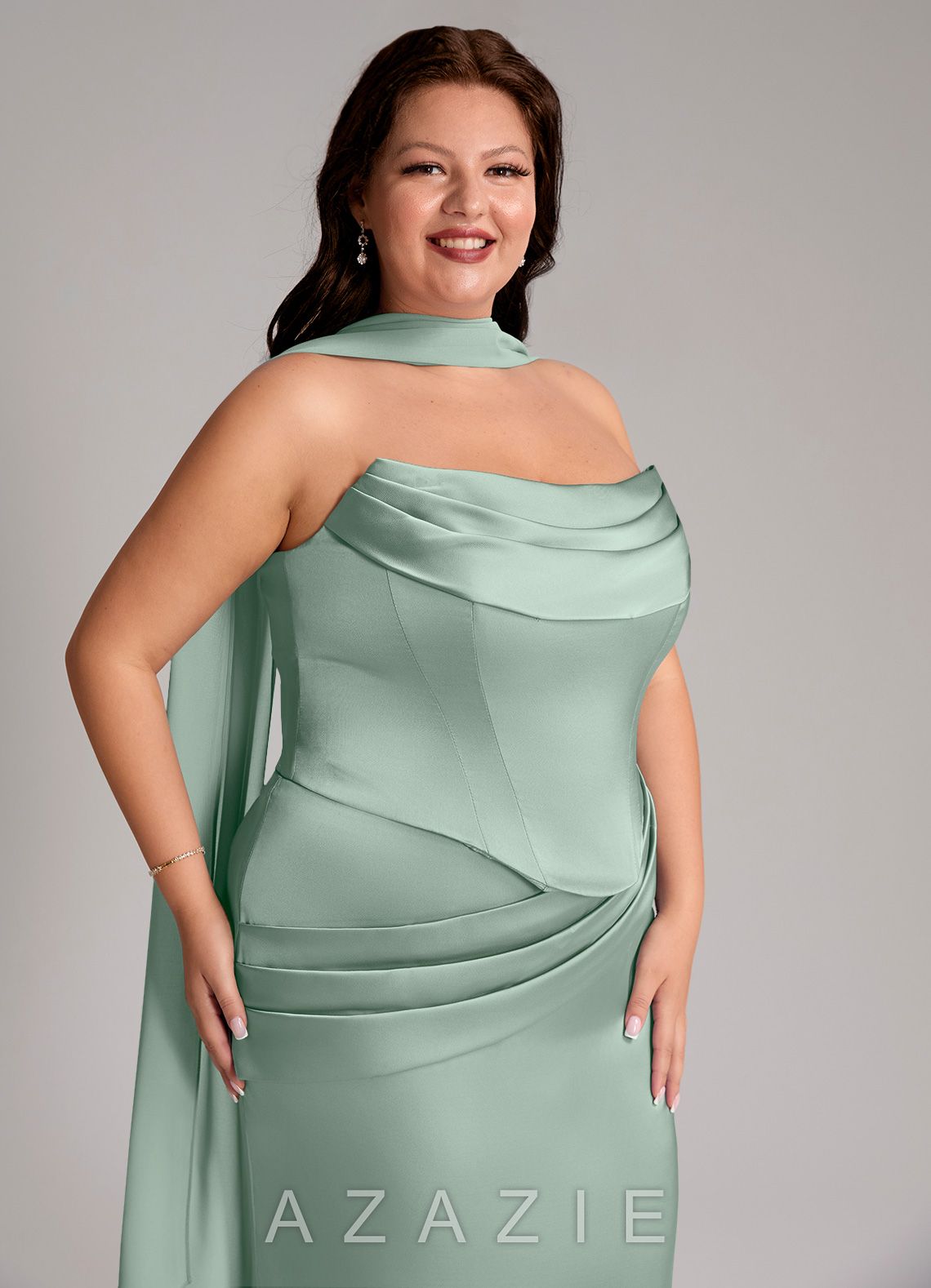 Azazie Sorrel Agave Mermaid Strapless Stretch Satin Convertible Dress agave