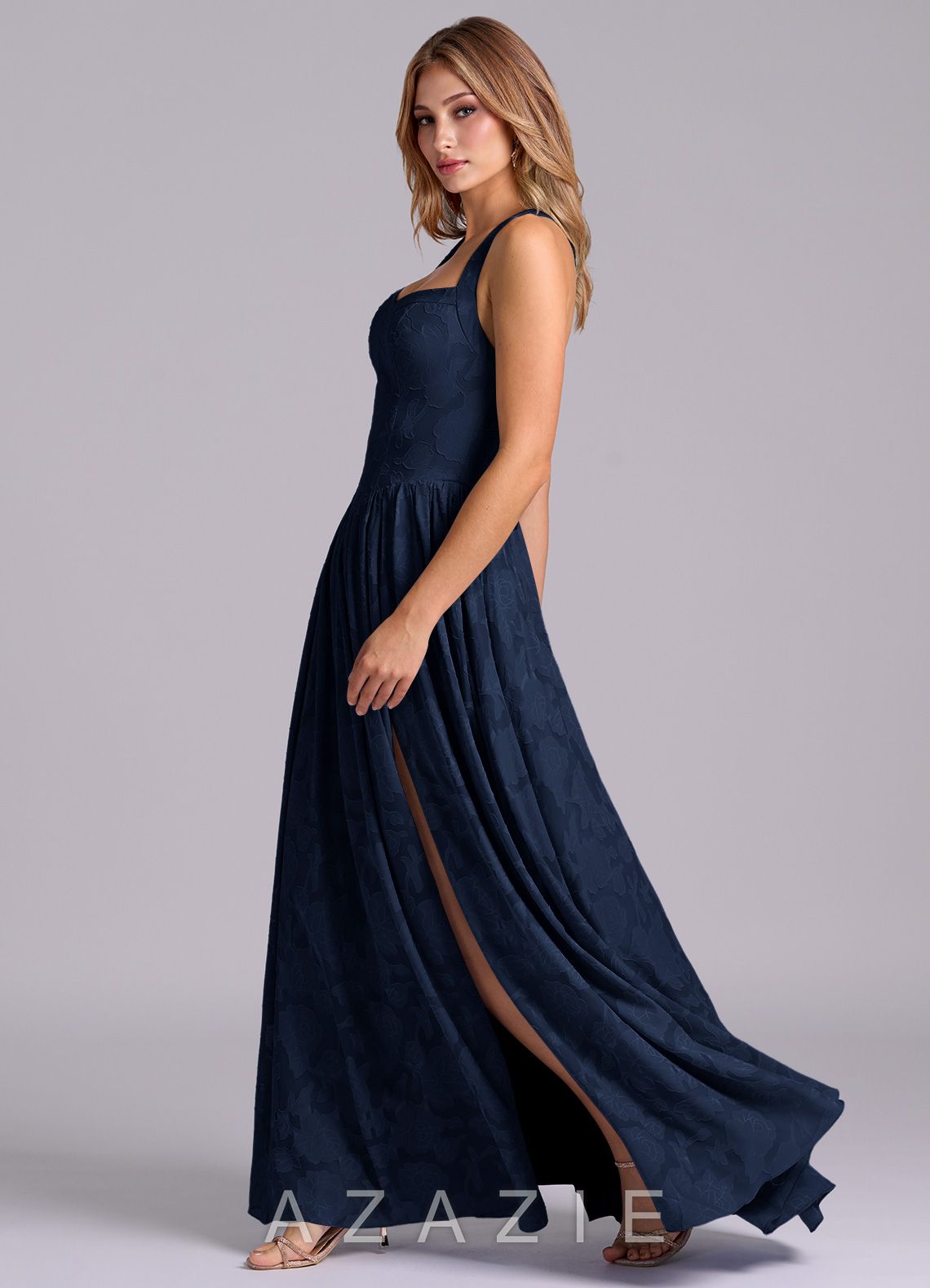 Azazie Francis Dark Navy A-Line Corset Floral Burnout Dress dark_navy