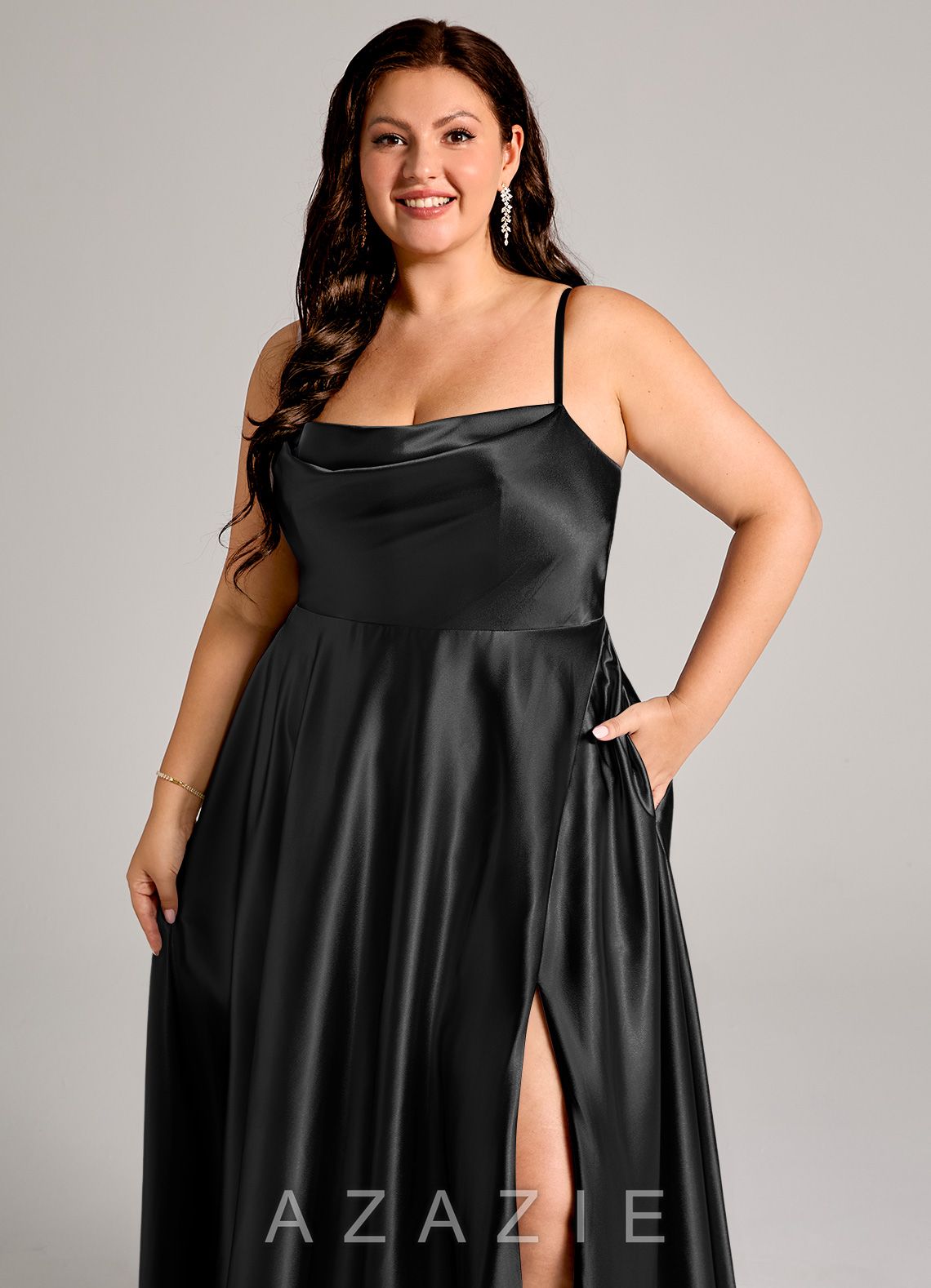 Azazie Elle Black A-Line with Pockets Metallic Satin Dress black