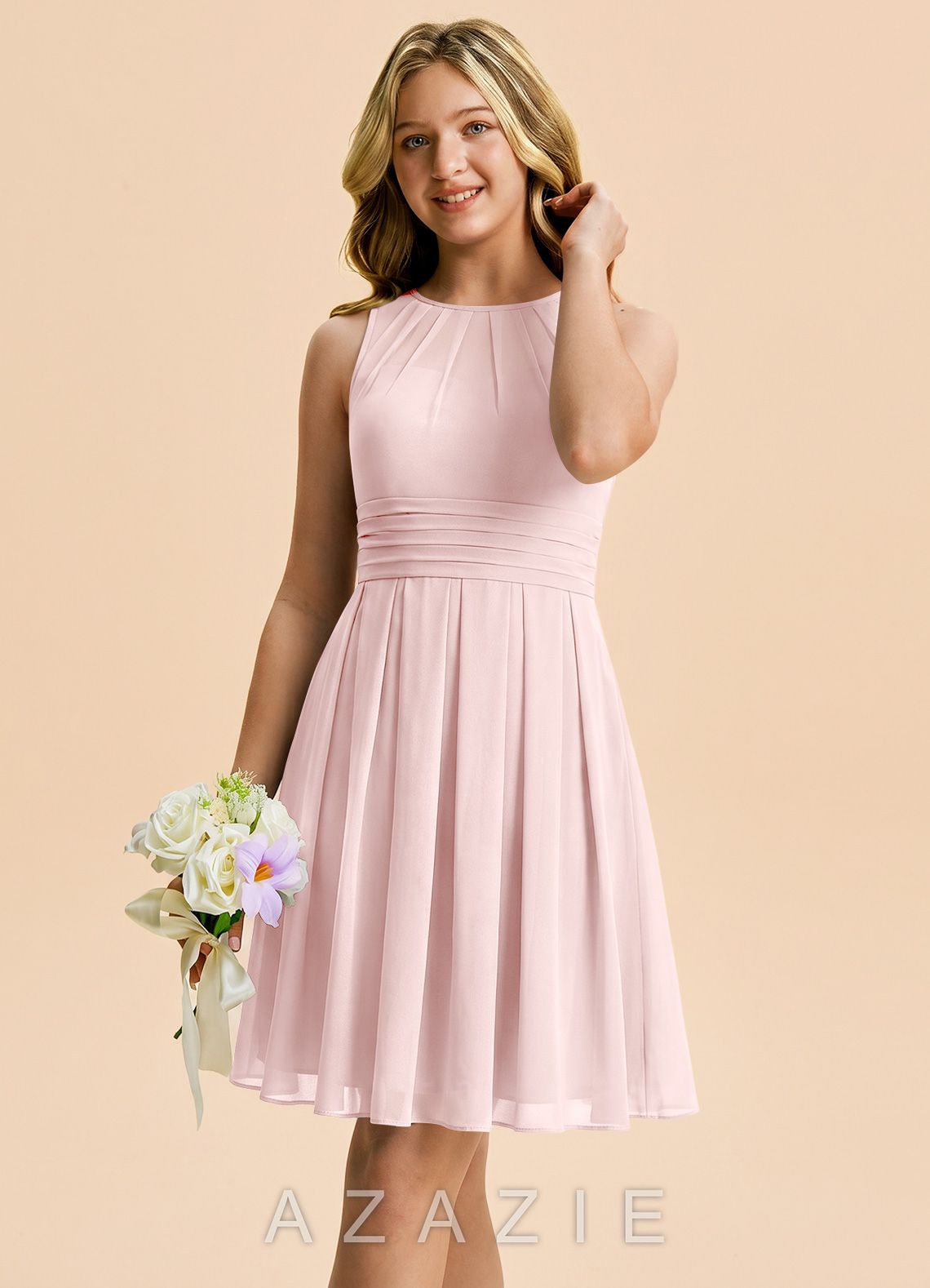 Azazie Bibiane Junior Blushing Pink A-Line Pleated Chiffon Dress blushing_pink