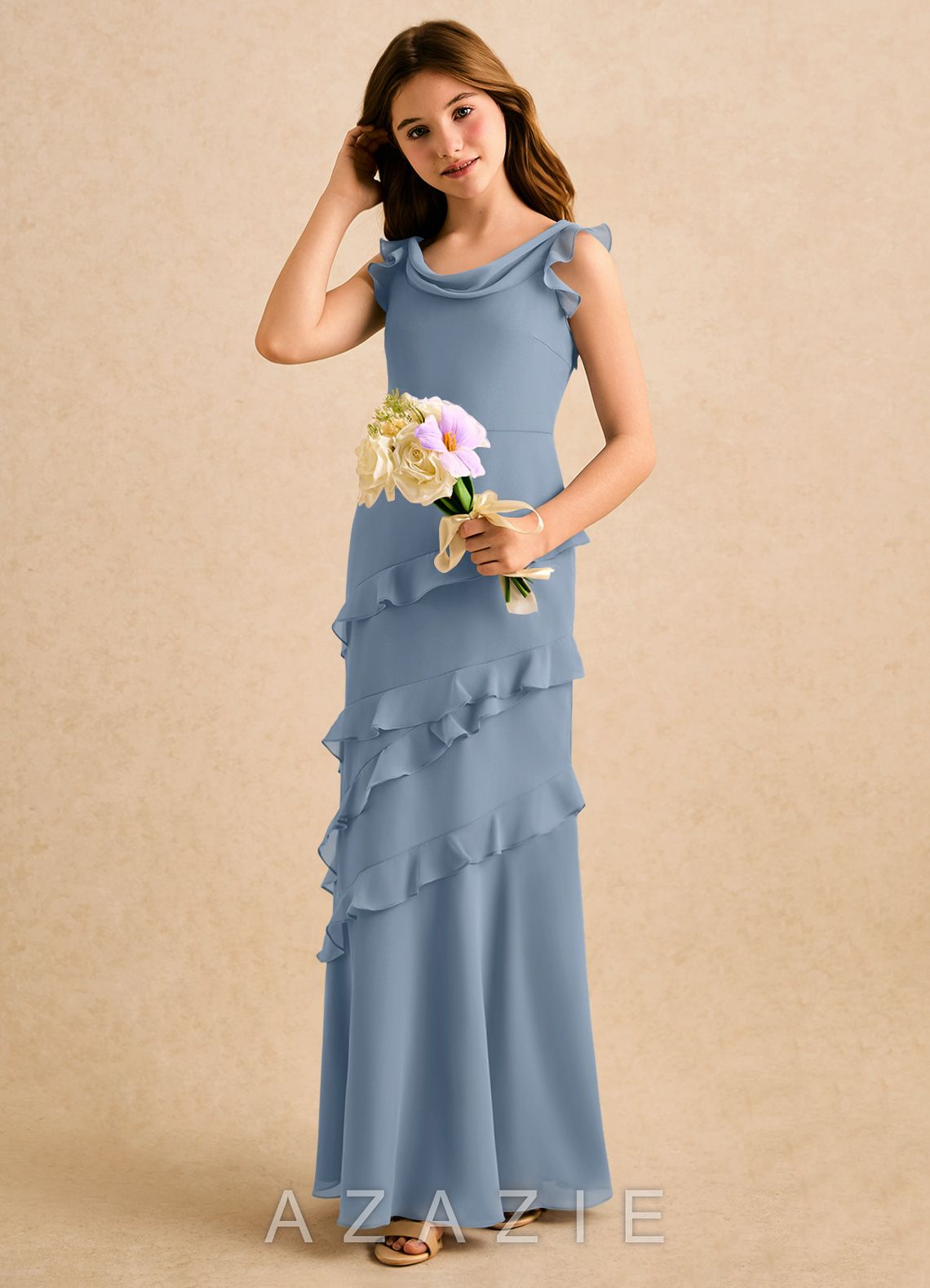 Azazie Aria Girls Formal Dusty Blue Mermaid Ruched Chiffon Dress dusty_blue