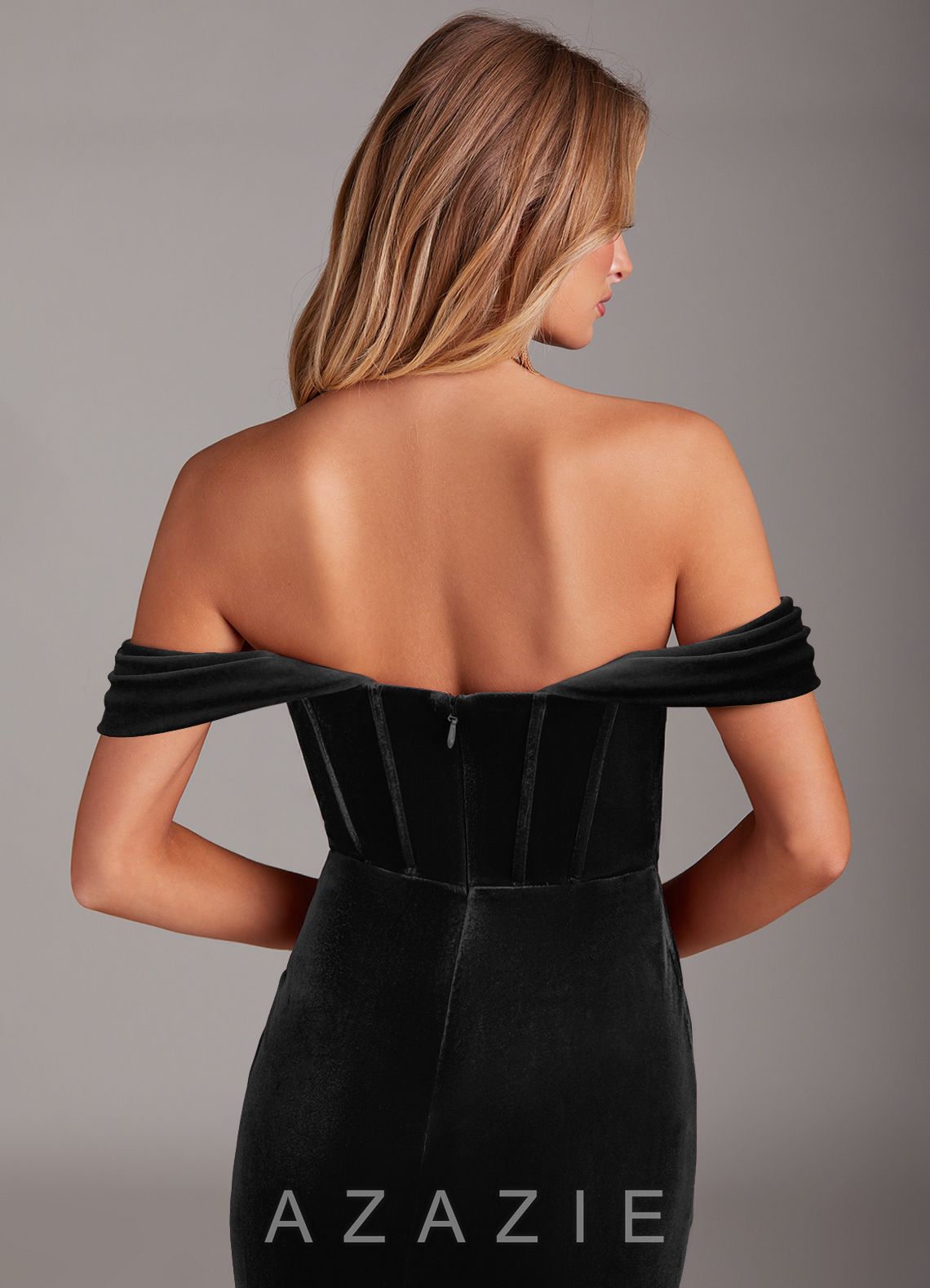 Azazie Jas Black Sheath Off-The-Shoulder Corset Velvet Convertible Dress black