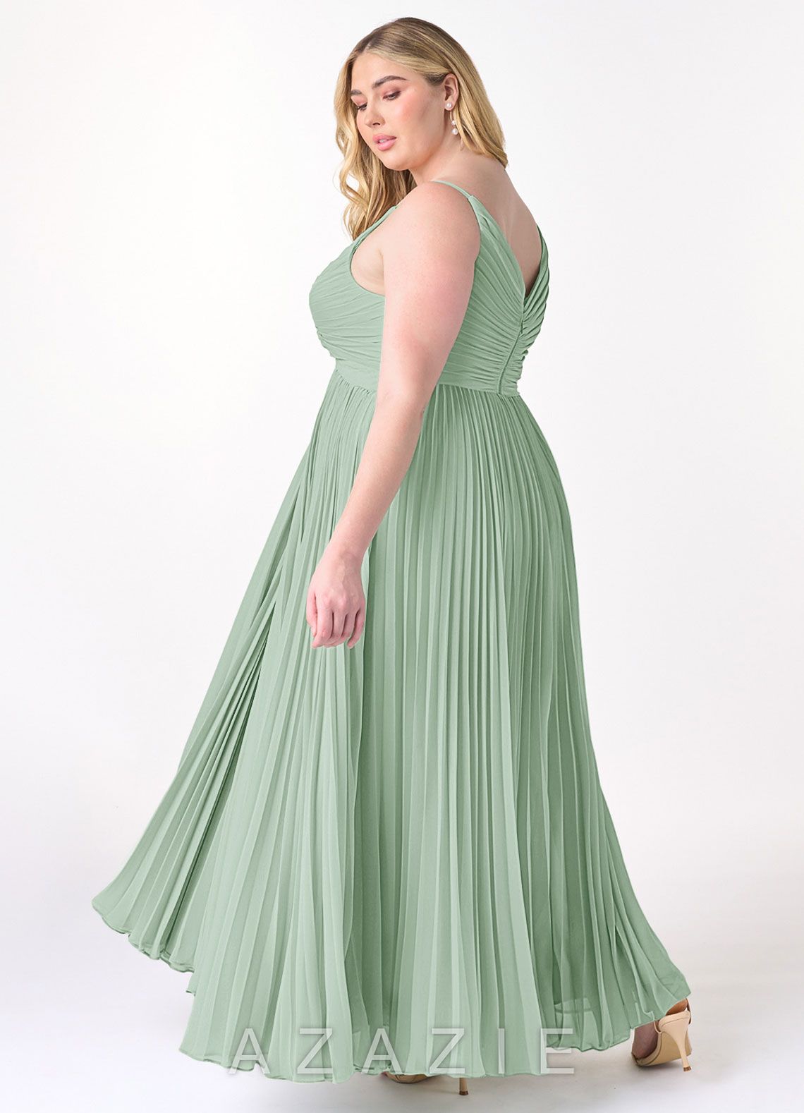 Azazie Raychelle Agave A-Line V-Neck Chiffon Dress agave