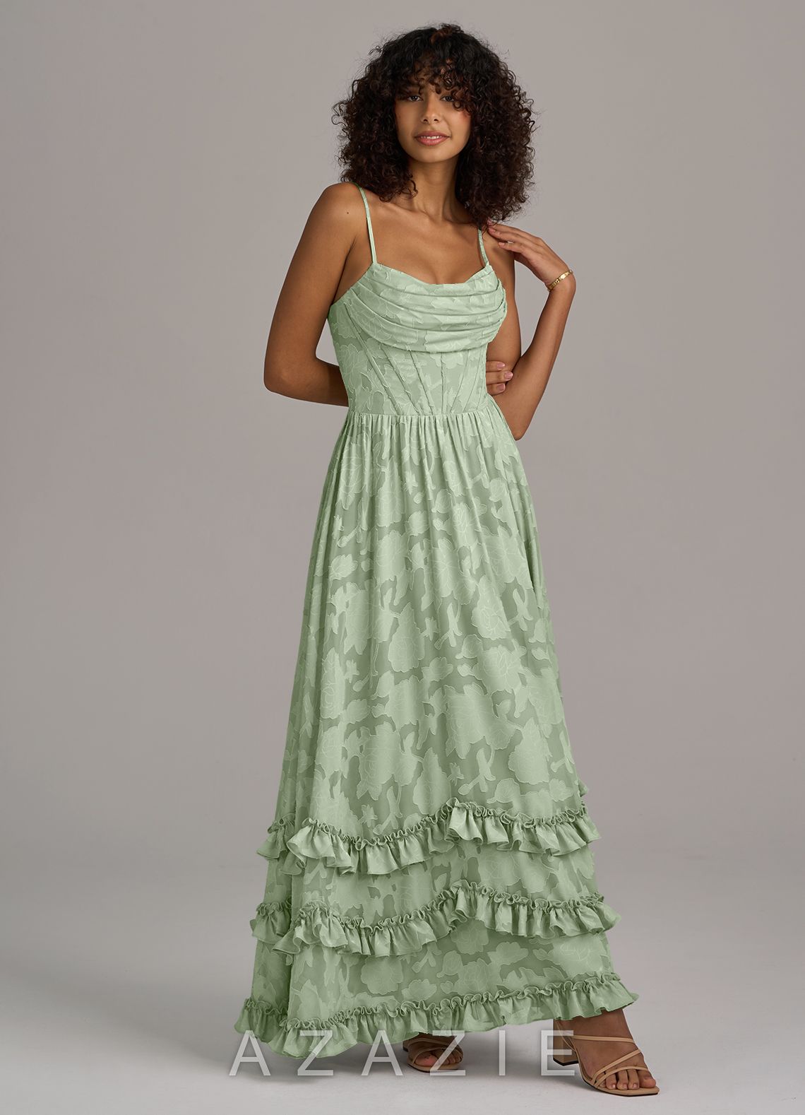 Azazie Lettie Dusty Sage A-Line Corset Floral Burnout Dress dusty_sage