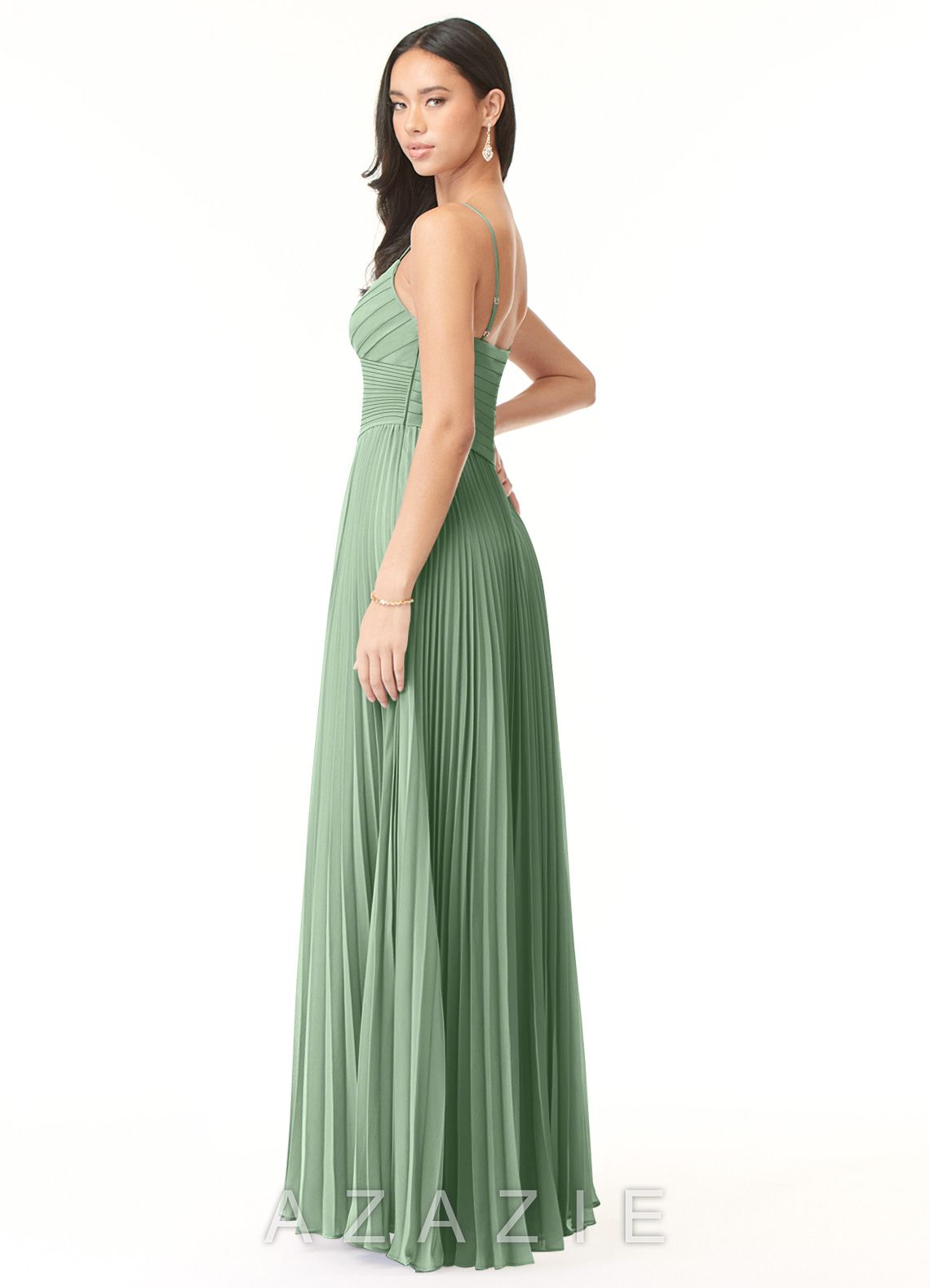 Azazie Vini Matcha A-Line V-Neck Pleated Chiffon Dress matcha