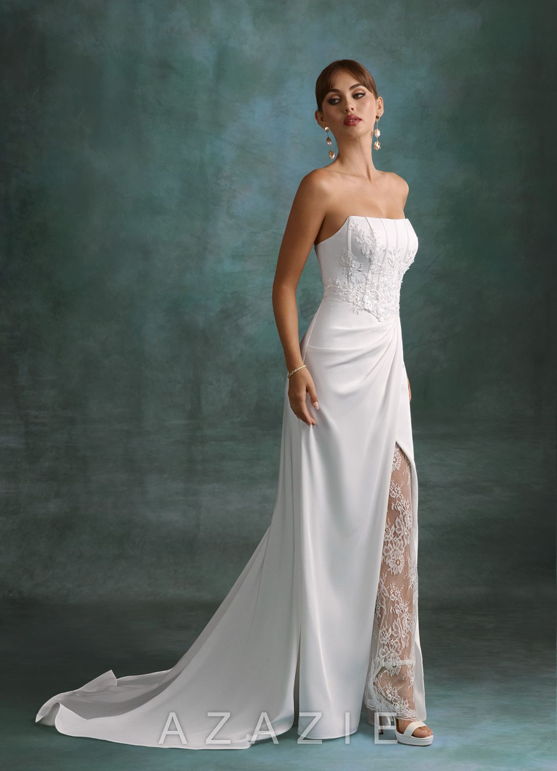 Azazie Shera Diamond White A-Line Strapless Crepe Back Satin Dress diamond_white