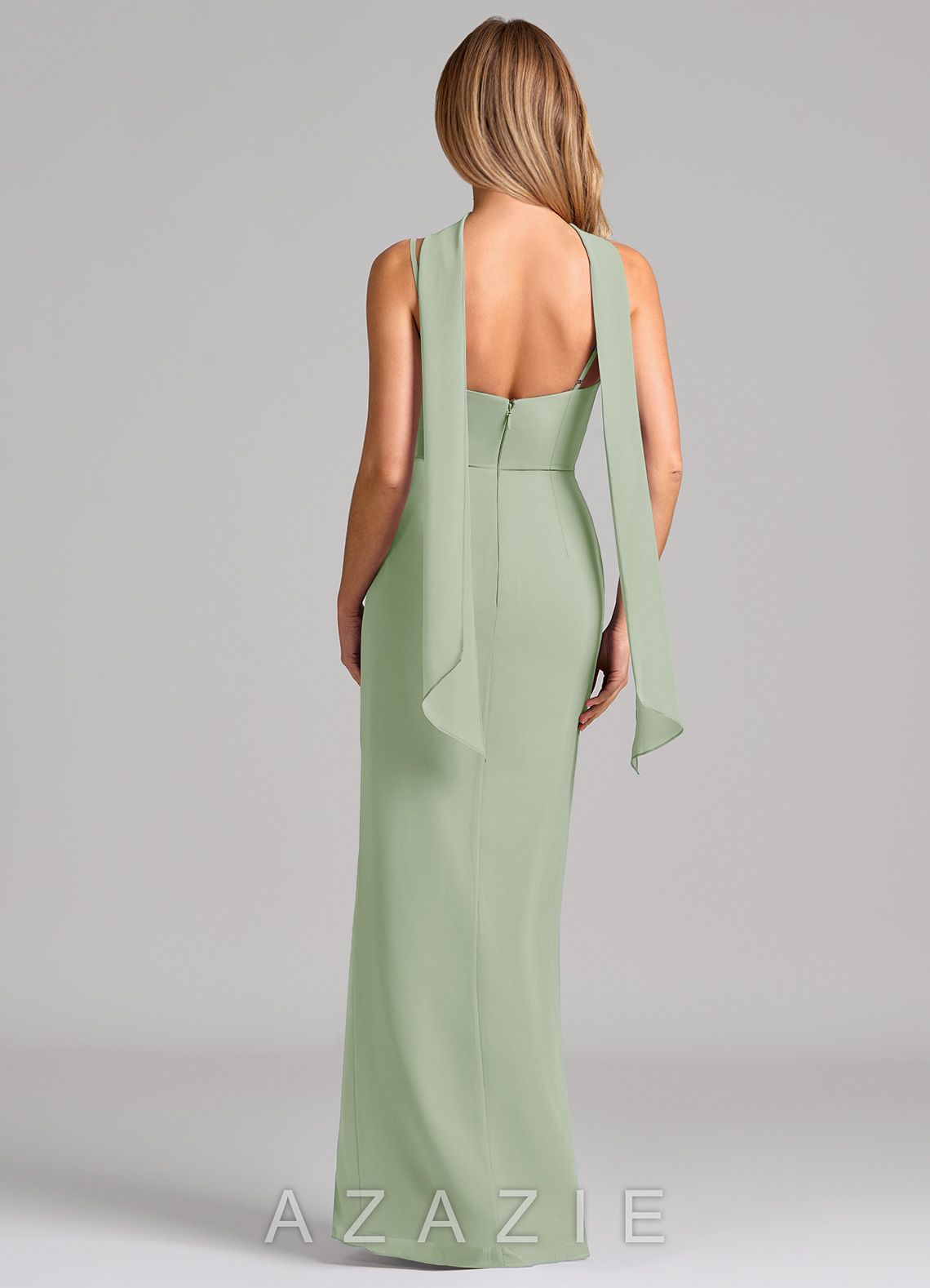 Azazie Calandra Dusty Sage Sheath Pleated Chiffon Dress dusty_sage
