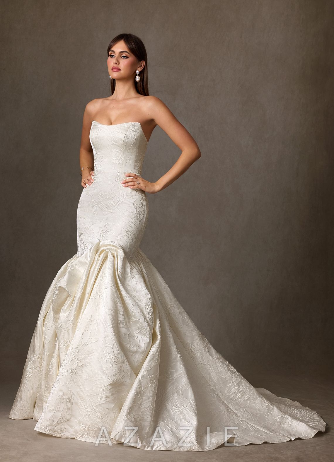 Azazie Quinta Antique White Mermaid Strapless Floral Jacquard Dress antique_white