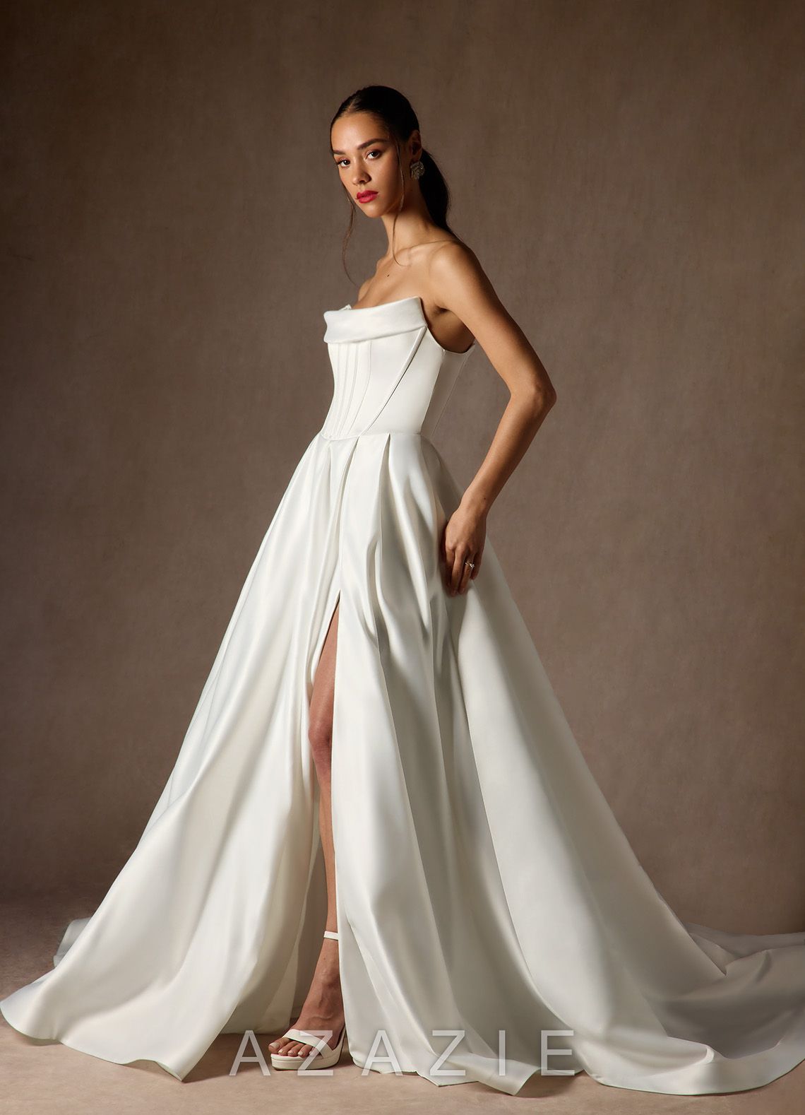 Azazie Katalina Diamond White Ball-Gown Strapless Satin Dress diamond_white