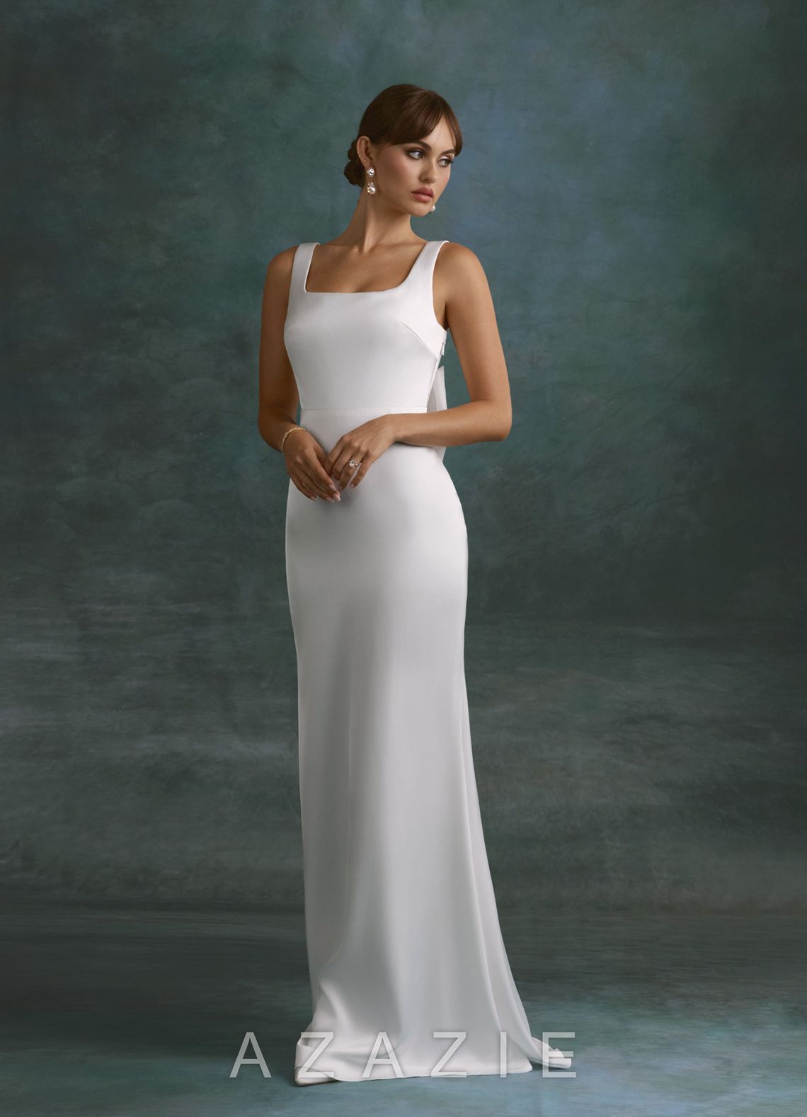 Azazie Galina Diamond White Mermaid Square Neckline Stretch Satin Dress diamond_white