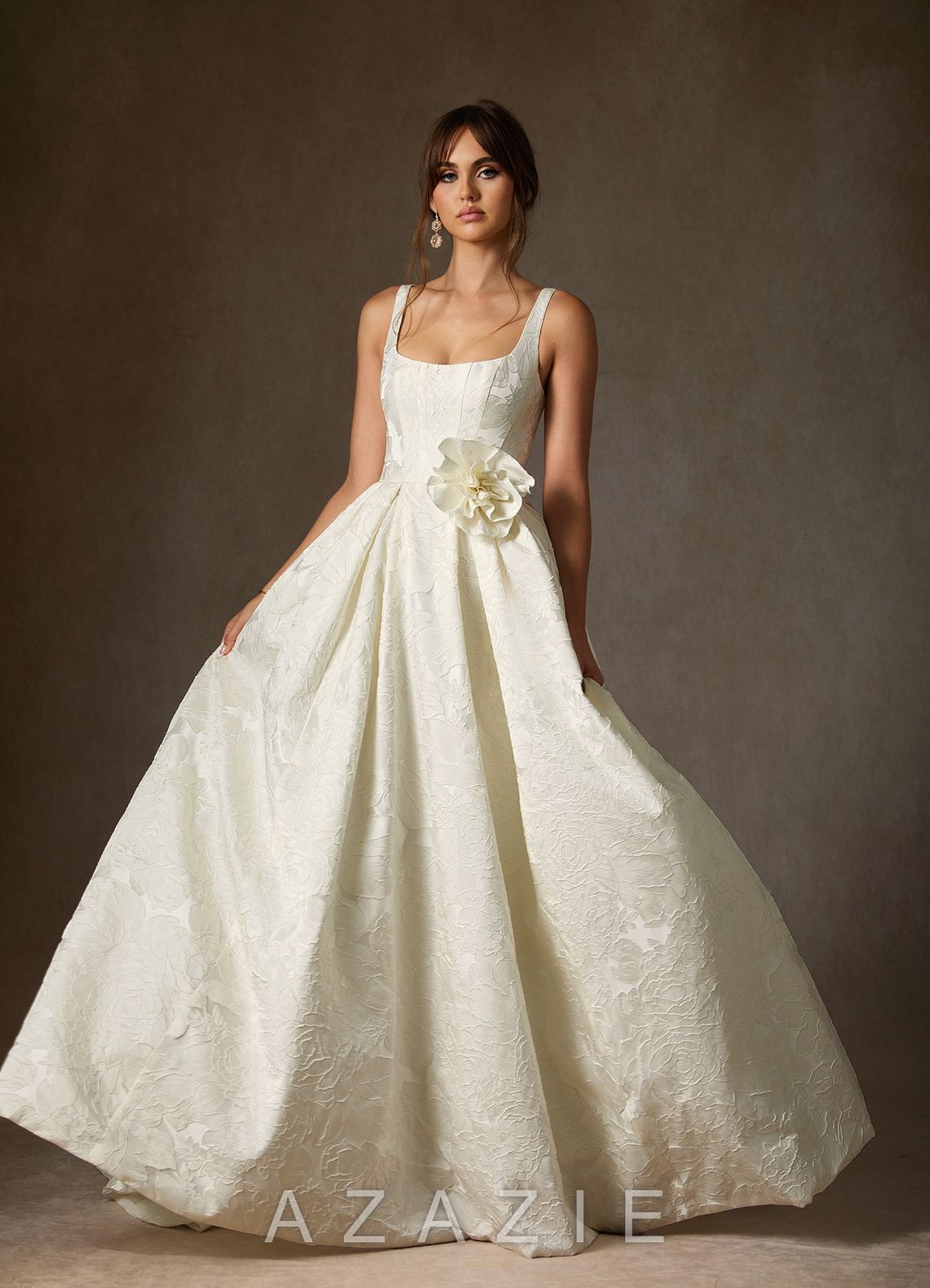 Azazie Ruby Antique White Ball-Gown with Pockets Floral Jacquard Dress antique_white