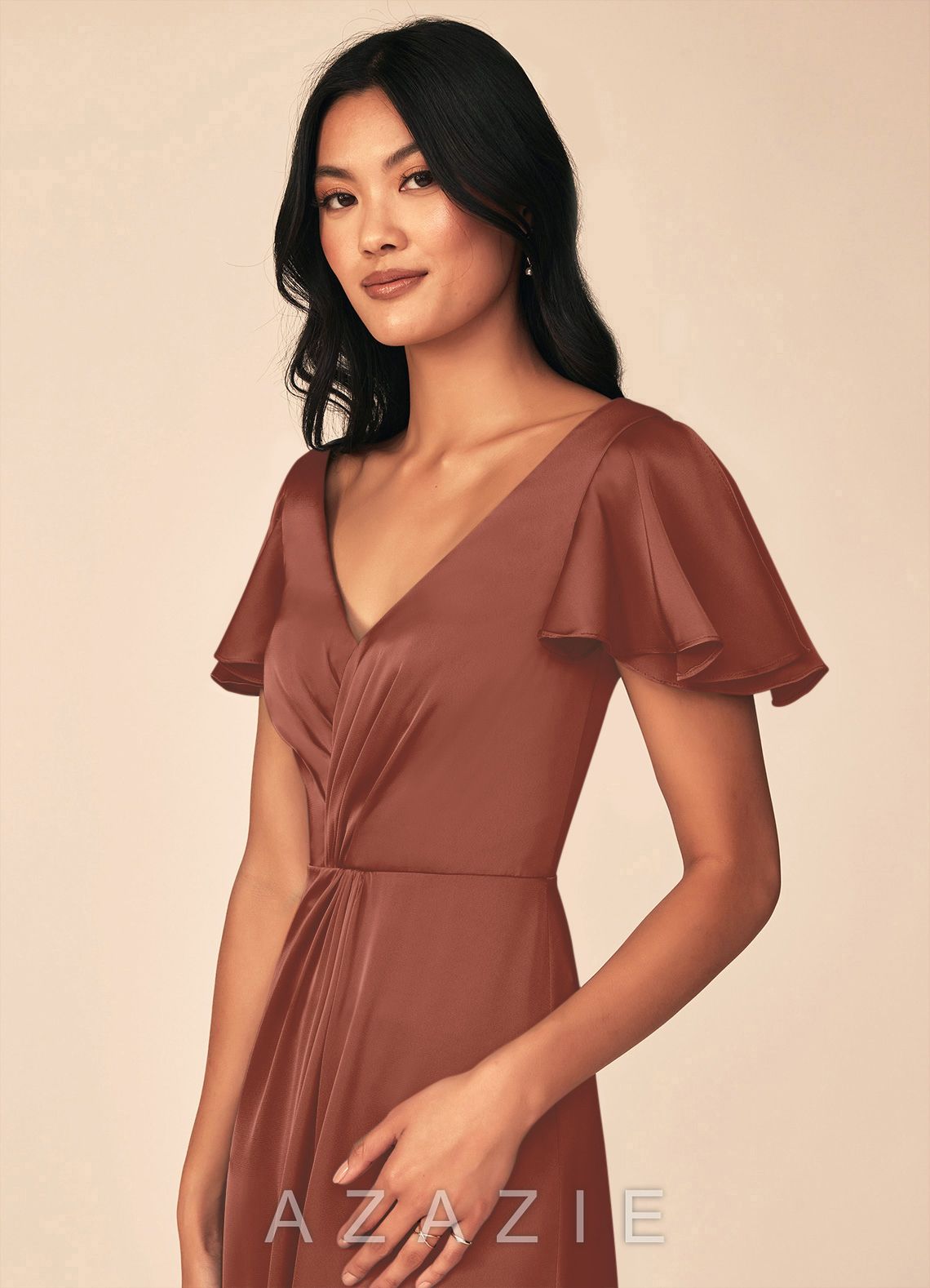Azazie Soren Auburn A-Line Pleated Stretch Satin Dress auburn