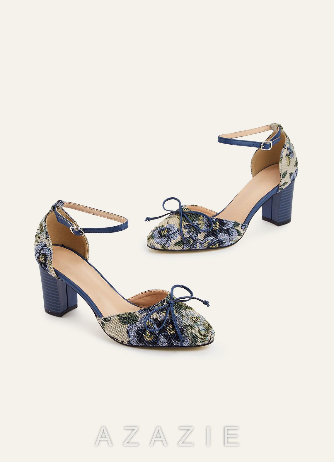 Floral Tapestry Ankle Strap Block Heels