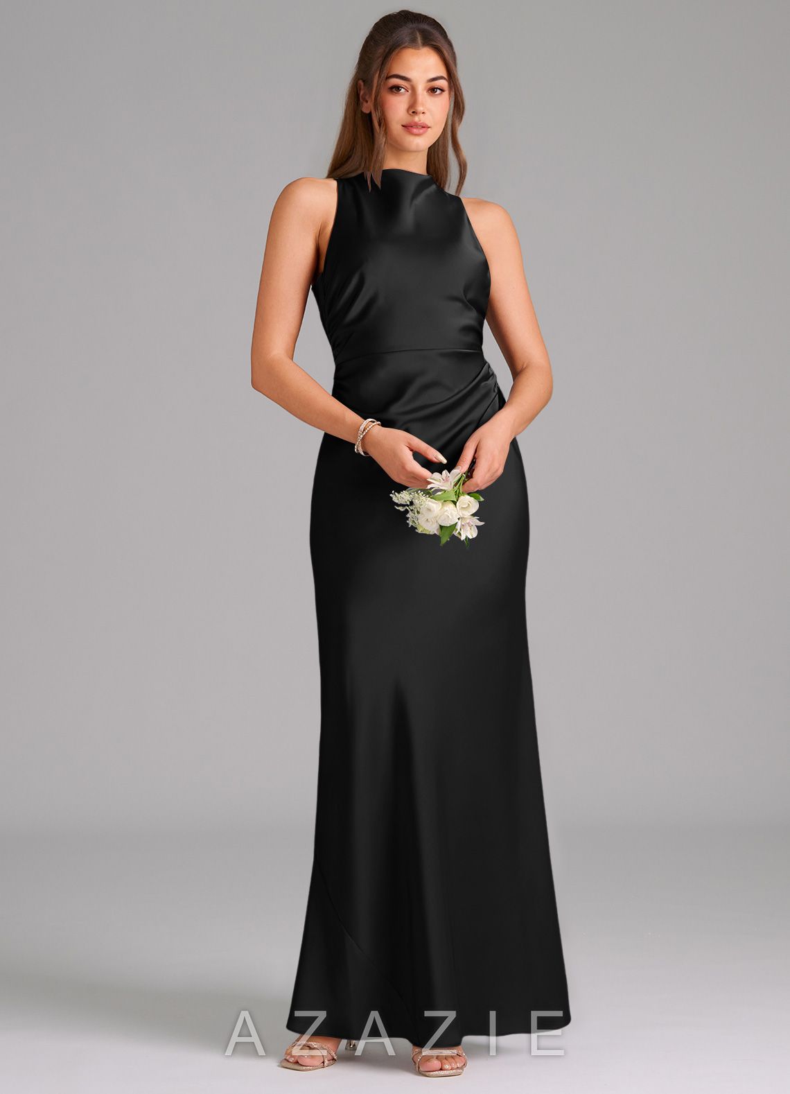 Azazie Evadne Black Sheath Pleated Stretch Satin Dress black