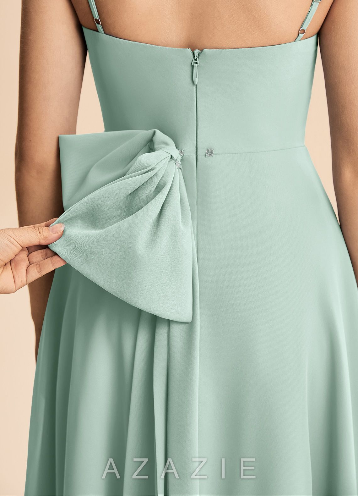 Azazie Bear Junior Agave A-Line Pleated Chiffon Dress agave