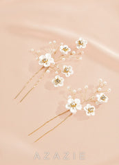 White Flower U-Shaped Hairpin Set  gold