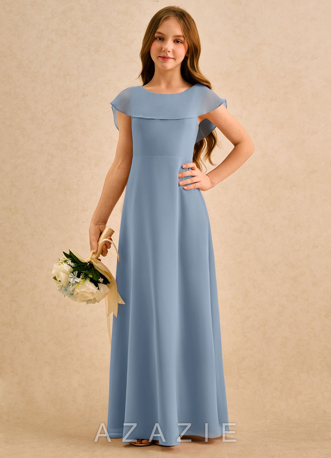 Azazie Kittie Girls Formal Dusty Blue A-Line Chiffon Dress dusty_blue