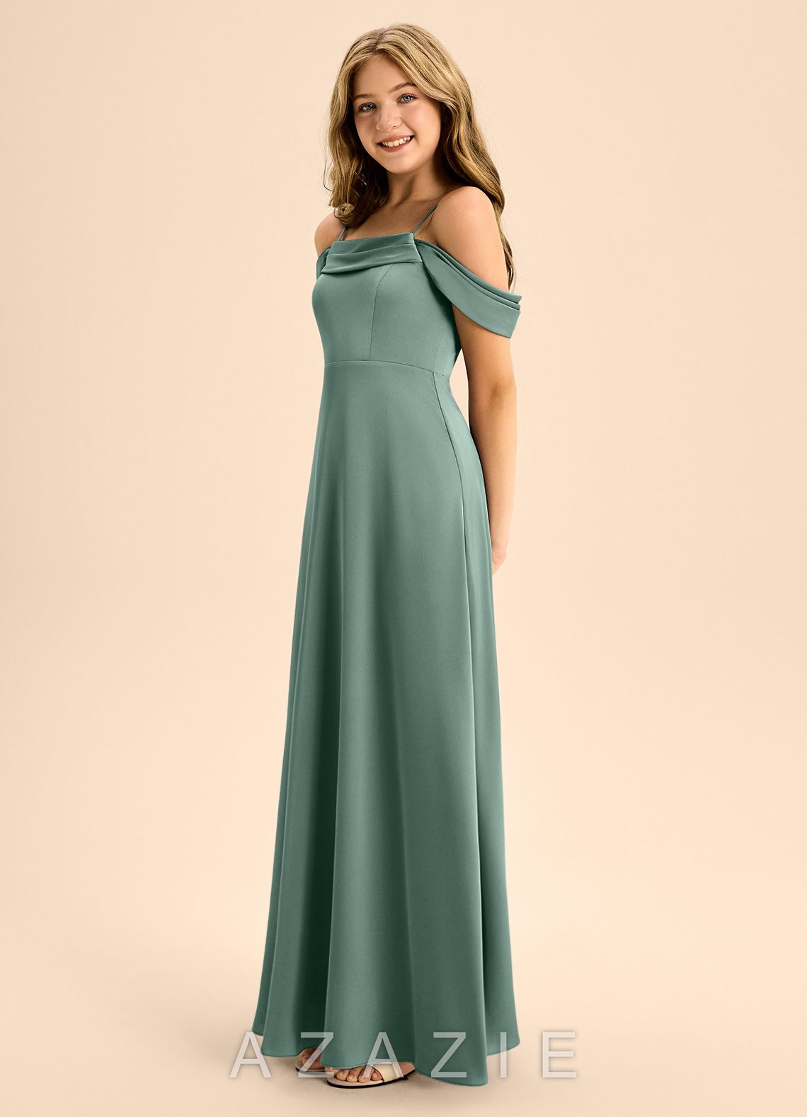 Azazie Anselie Junior Eucalyptus A-Line Off the Shoulder Stretch Satin Dress eucalyptus