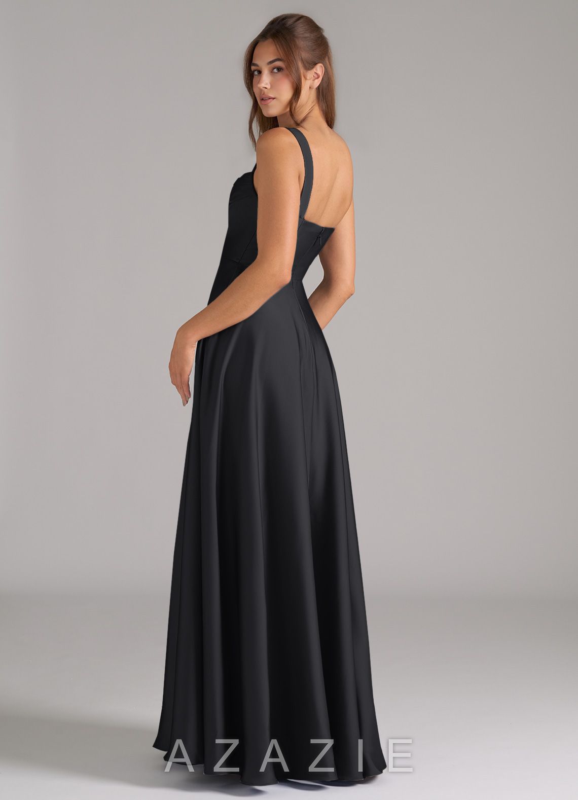 Azazie Shaude Black A-Line Pleated Stretch Satin Dress black